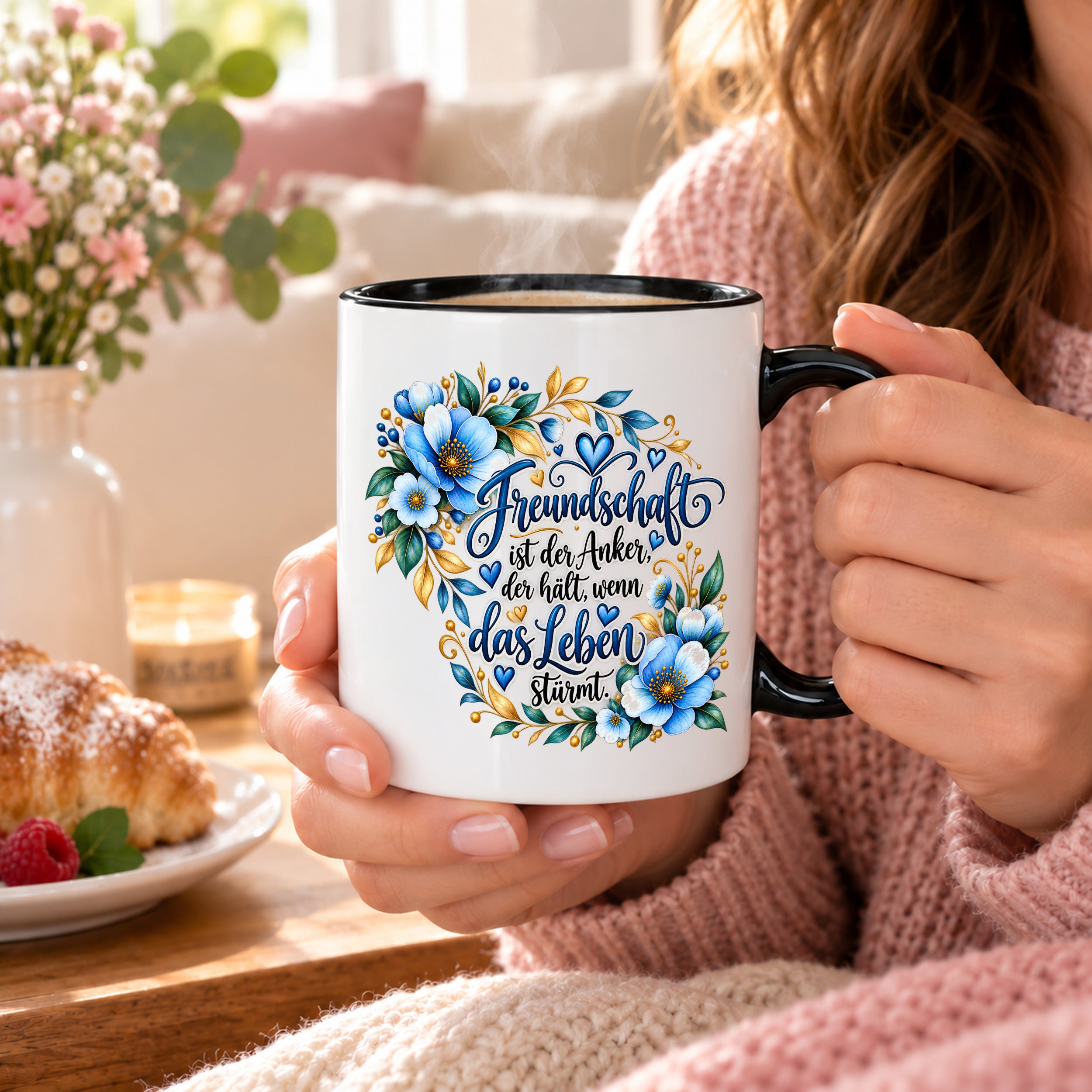 Herzbotschaft Freundschaft Tasse – Freundschaft ist der Anker, der hält, wenn das Leben stürmt – Kaffeetasse mit blauen Blumen und Herzen – Geschenk für beste Freundin, Freund, BFF und Lieblingsmensch – 330 ml