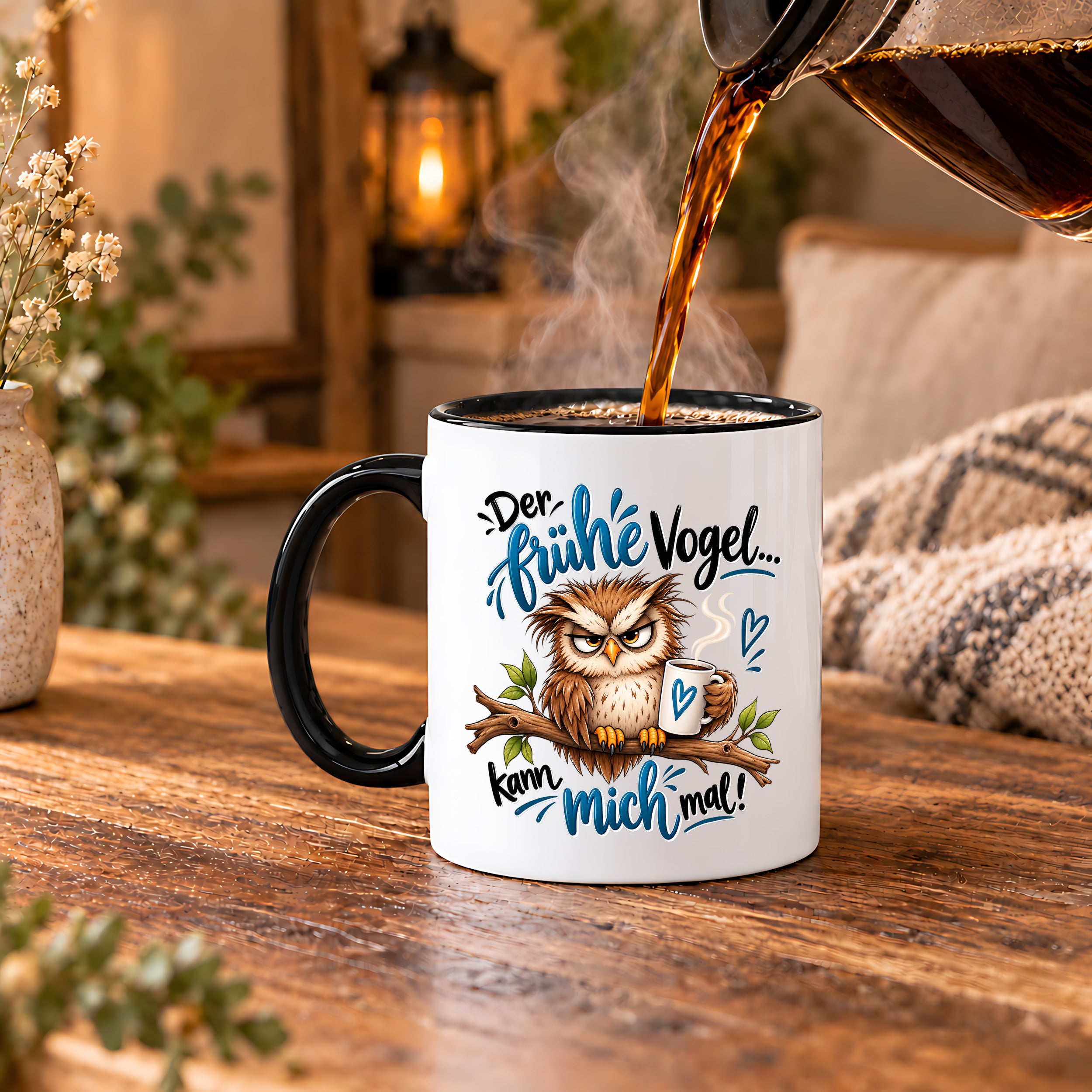 Herzbotschaft Eulen Tasse – Der frühe Vogel kann mich mal – Lustige Kaffeetasse mit mürrischer Eule und Kaffee – Geschenk für Morgenmuffel, Langschläfer, Kaffeeliebhaber, Kollegen und Freunde – 330 ml