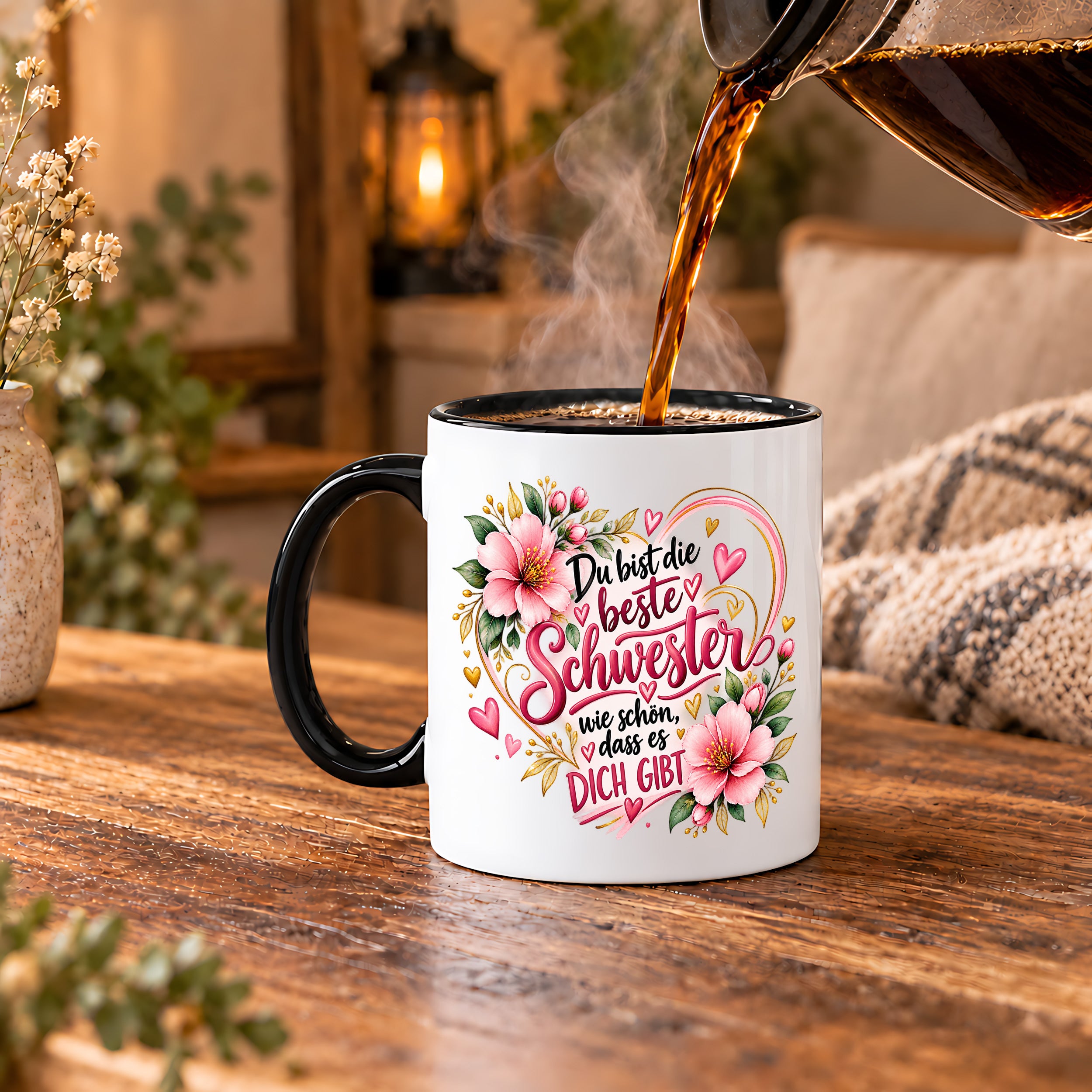 Herzbotschaft Schwester Tasse – Du bist die beste Schwester, wie schön dass es dich gibt – Kaffeetasse 330 ml mit rosa Blumen und Herzen – Geschenk für Schwester zum Geburtstag, Weihnachten, als Dankeschön oder kleine Aufmerksamkeit