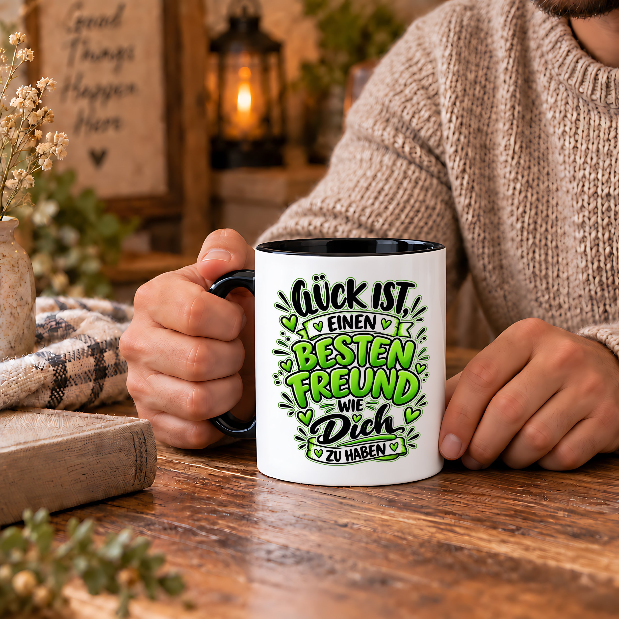 Herzbotschaft Bester Freund Tasse – Glück ist einen besten Freund wie dich zu haben – Kaffeetasse 330 ml mit Freundschaftsspruch und grünem Herz Motiv – Geschenk für besten Freund, Kumpel und Lieblingsmenschen – Freundschaft Geschenkidee