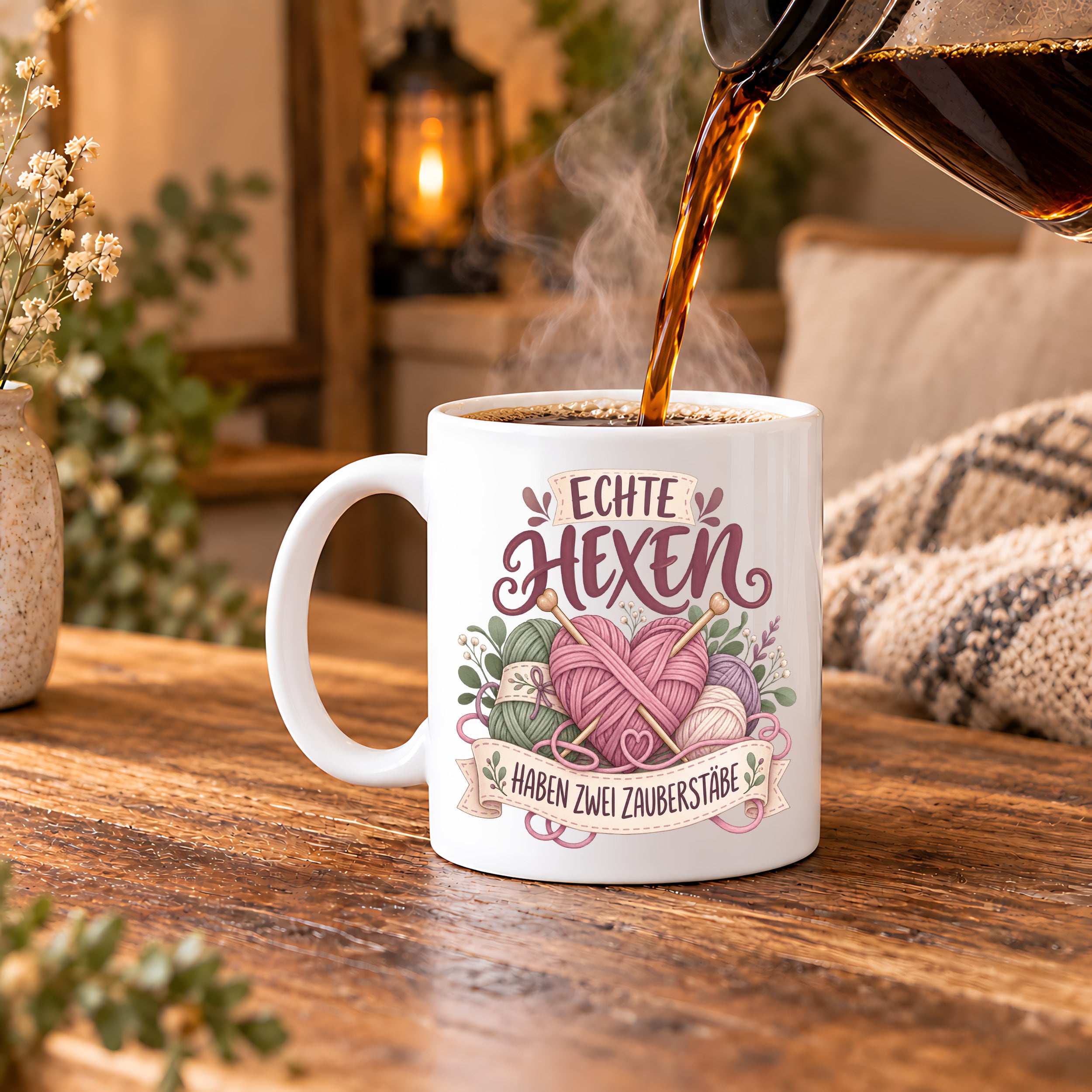 Stricken Tasse Echte Hexen haben zwei Zauberstäbe 330 ml Geschenk für Strickerin Wolle Handarbeit Geburtstag Weihnachten