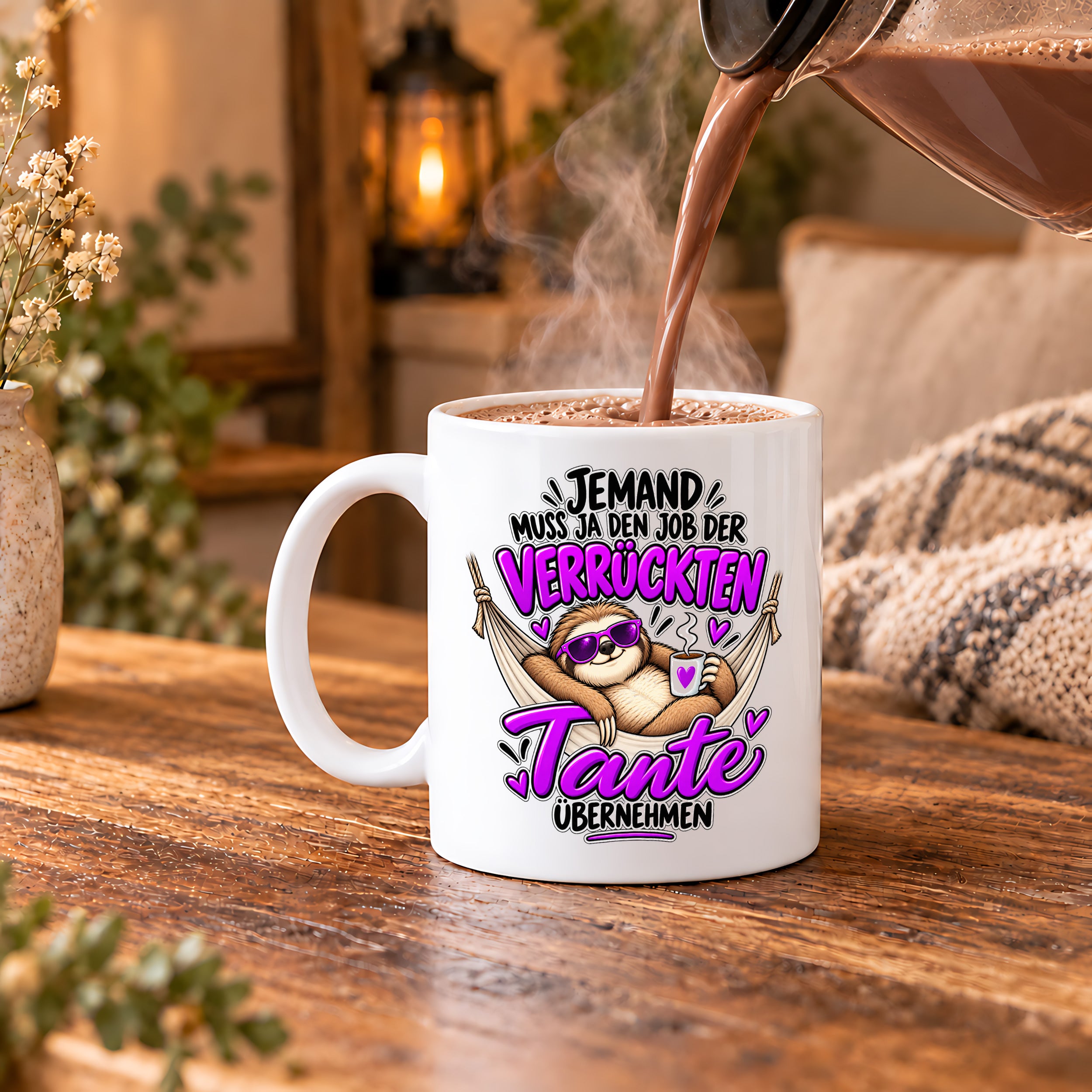 Herzbotschaft Verrückte Tante Tasse – Jemand muss ja den Job der verrückten Tante übernehmen – Lustige Kaffeetasse 330 ml mit Faultier Motiv – Geschenk für Tante, Lieblingstante, Schwester und Schwägerin – Originelle Spruchtasse mit Humor