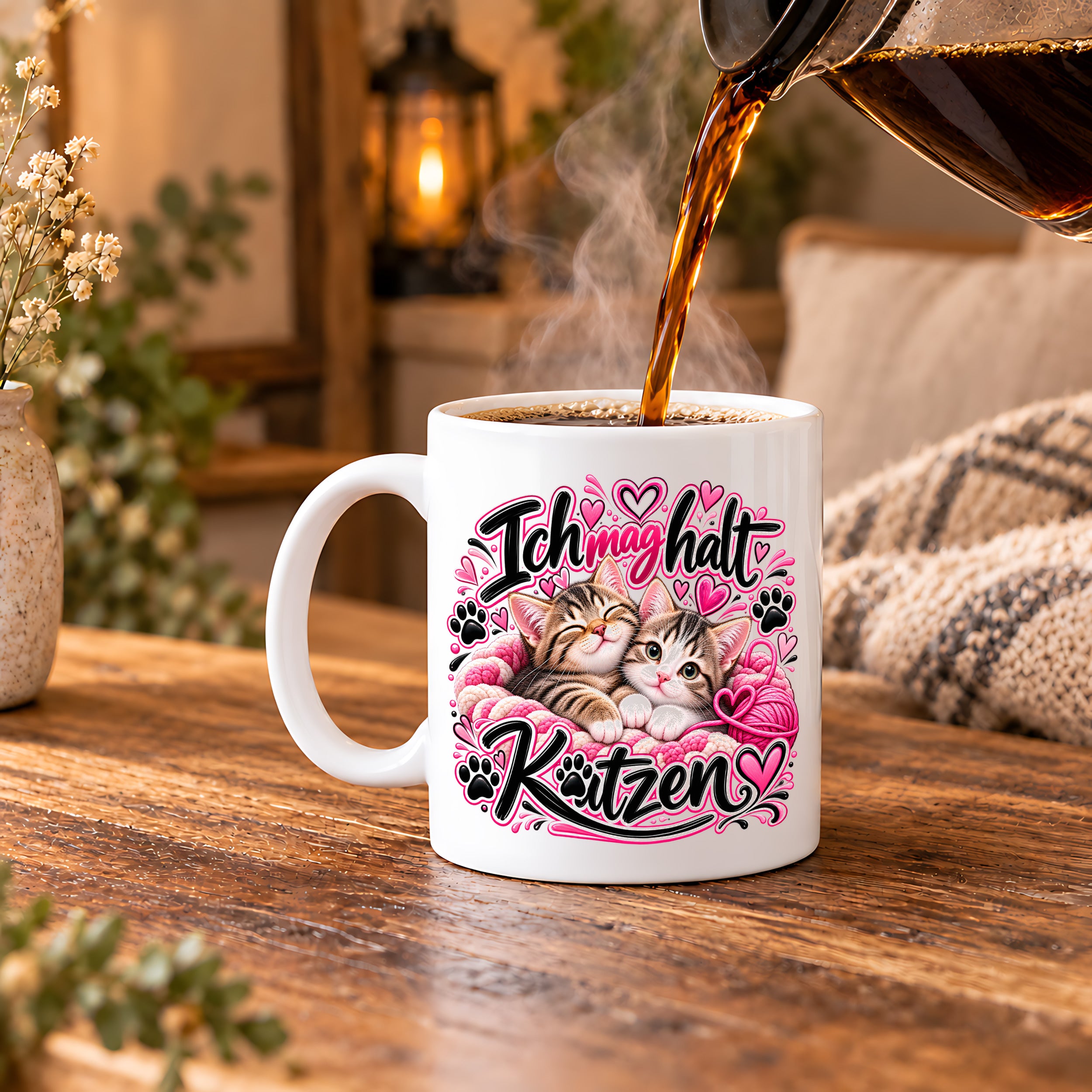 Herzbotschaft Katzen Tasse – Ich mag halt Katzen – Süße Kaffeetasse mit zwei Katzenbabys, Herzen und Pfoten – Geschenk für Katzenliebhaber, Katzenmama, Frauen und Freundin – 330 ml