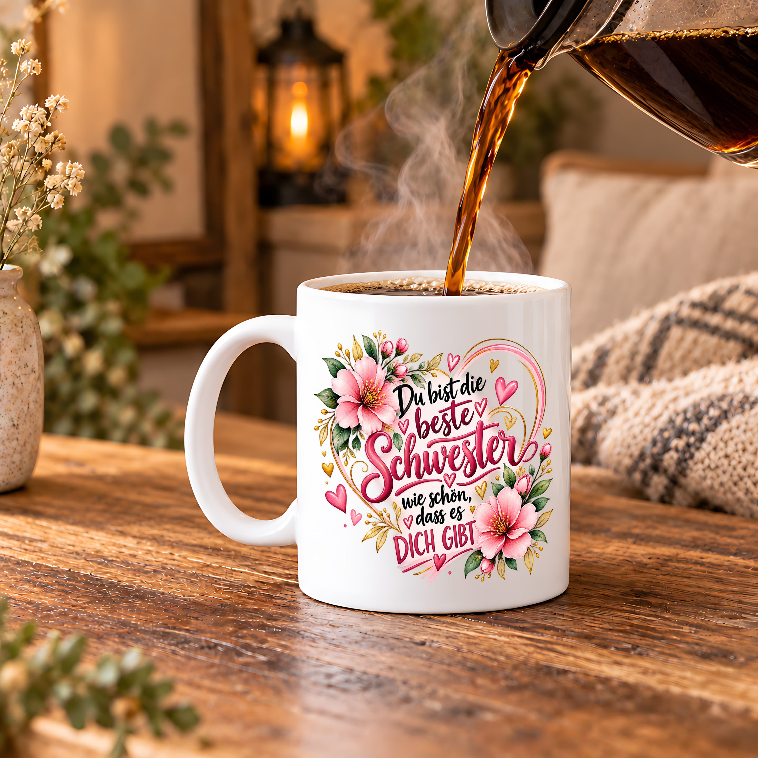 Herzbotschaft Schwester Tasse – Du bist die beste Schwester, wie schön dass es dich gibt – Kaffeetasse 330 ml mit rosa Blumen und Herzen – Geschenk für Schwester zum Geburtstag, Weihnachten, als Dankeschön oder kleine Aufmerksamkeit