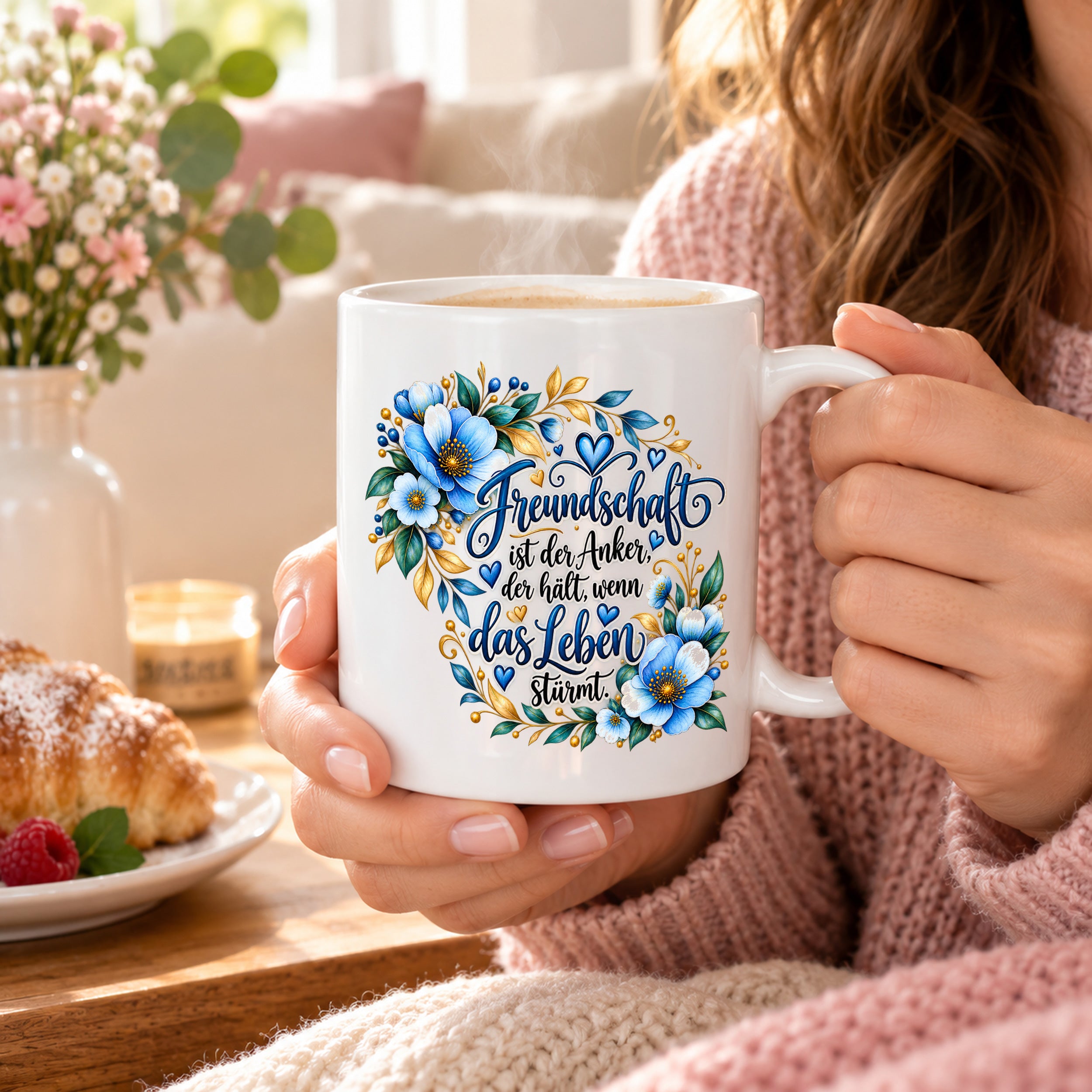 Herzbotschaft Freundschaft Tasse – Freundschaft ist der Anker, der hält, wenn das Leben stürmt – Kaffeetasse mit blauen Blumen und Herzen – Geschenk für beste Freundin, Freund, BFF und Lieblingsmensch – 330 ml