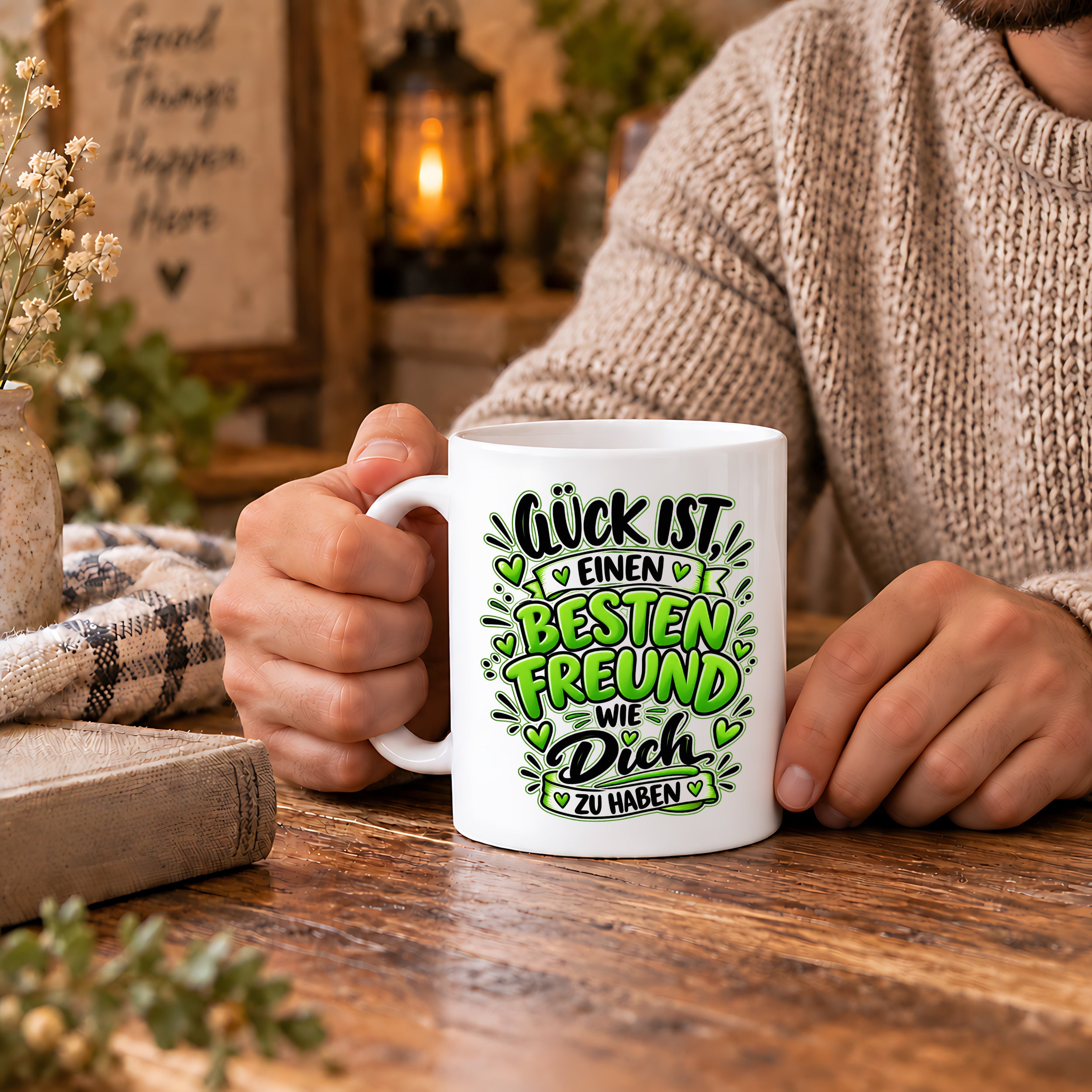 Herzbotschaft Bester Freund Tasse – Glück ist einen besten Freund wie dich zu haben – Kaffeetasse 330 ml mit Freundschaftsspruch und grünem Herz Motiv – Geschenk für besten Freund, Kumpel und Lieblingsmenschen – Freundschaft Geschenkidee