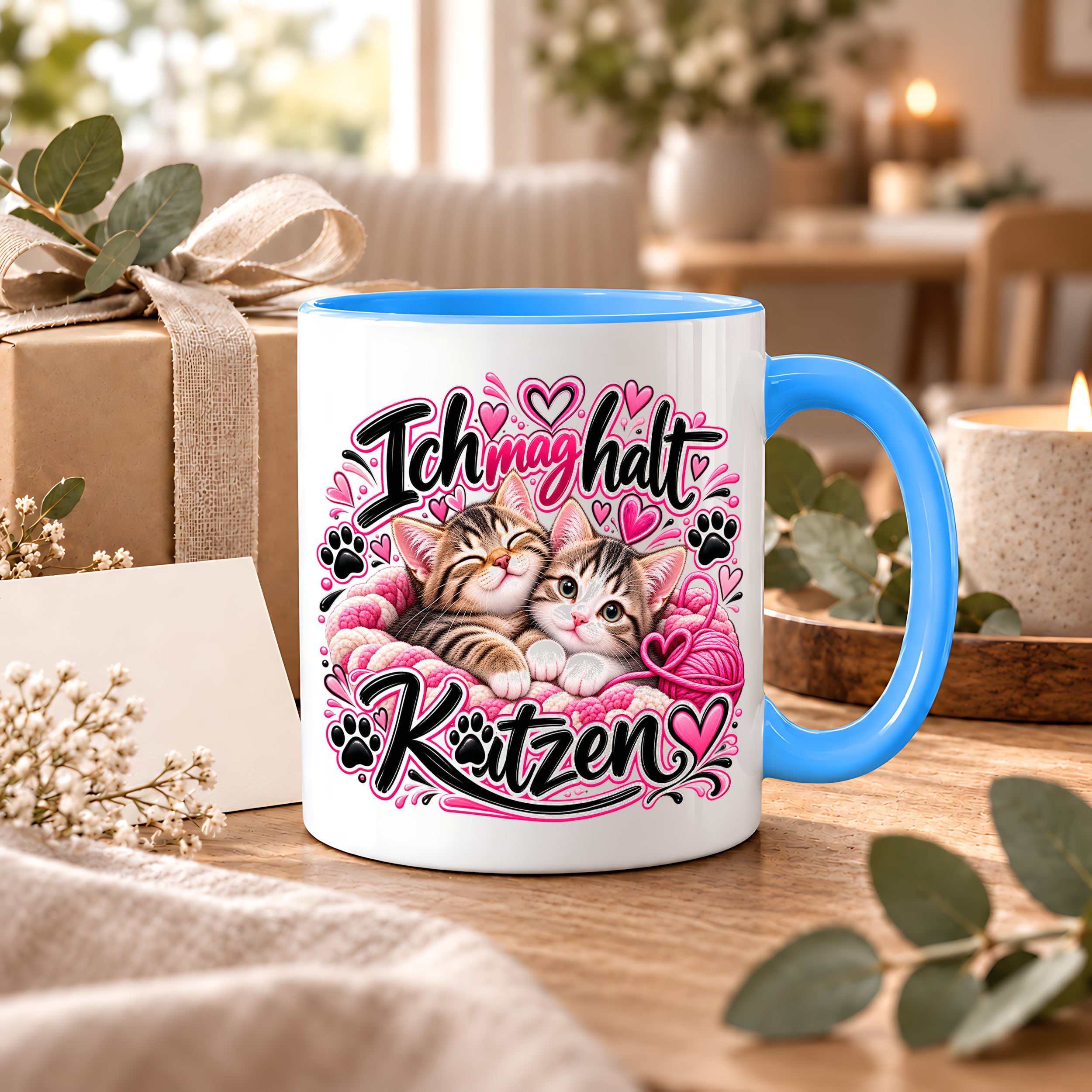 Herzbotschaft Katzen Tasse – Ich mag halt Katzen – Süße Kaffeetasse mit zwei Katzenbabys, Herzen und Pfoten – Geschenk für Katzenliebhaber, Katzenmama, Frauen und Freundin – 330 ml