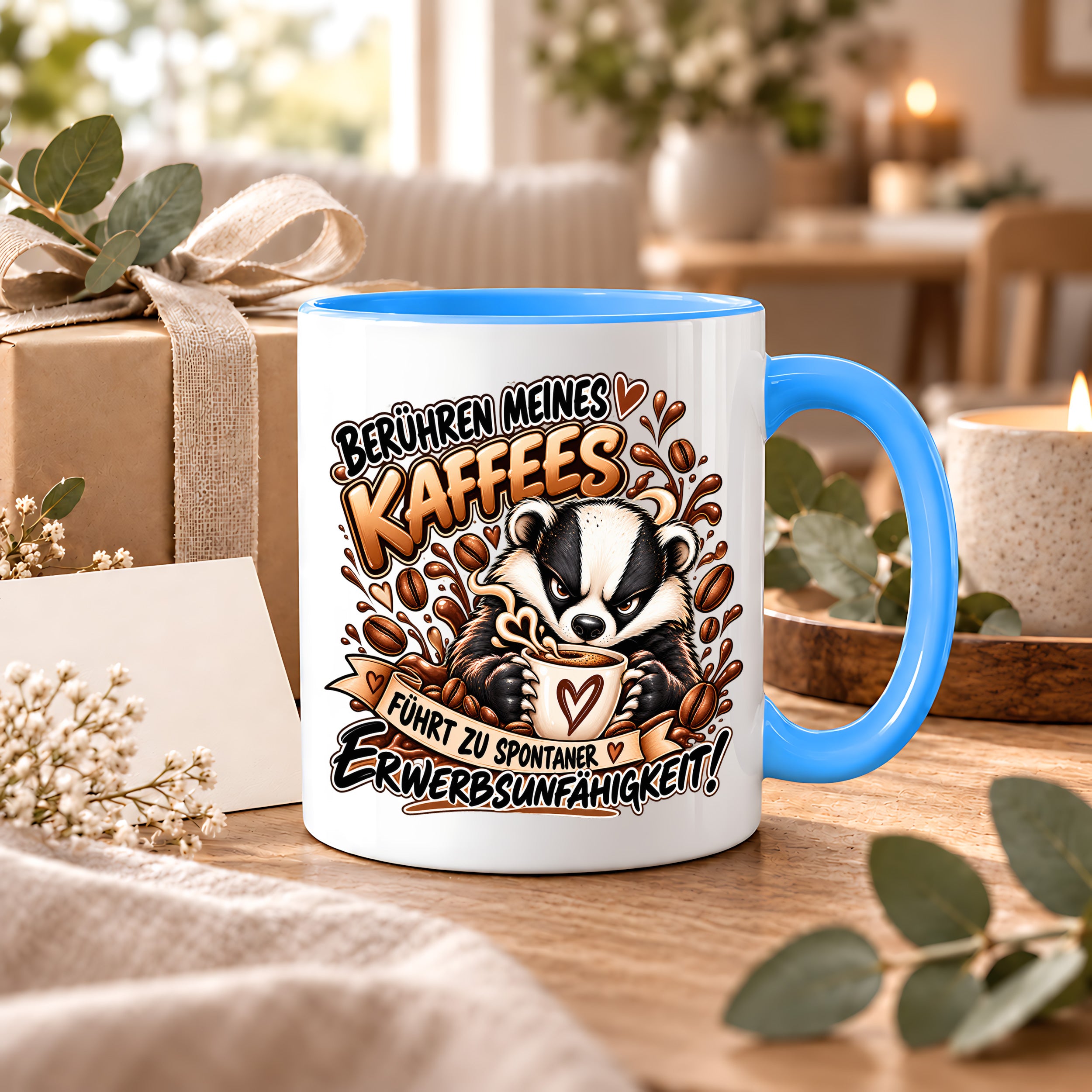 Herzbotschaft Dachs Tasse – Berühren meines Kaffees führt zu spontaner Erwerbsunfähigkeit – Lustige Kaffeetasse mit frechem Dachs Motiv – Geschenk für Kaffeeliebhaber, Kollegen und Büro – 330 ml