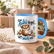 Herzbotschaft Eulen Tasse – Der frühe Vogel kann mich mal – Lustige Kaffeetasse mit mürrischer Eule und Kaffee – Geschenk für Morgenmuffel, Langschläfer, Kaffeeliebhaber, Kollegen und Freunde – 330 ml