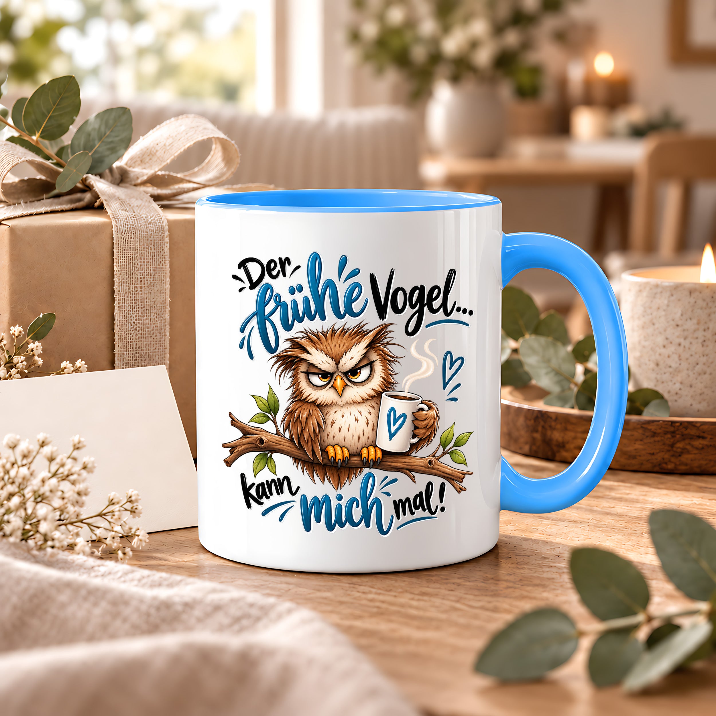 Herzbotschaft Eulen Tasse – Der frühe Vogel kann mich mal – Lustige Kaffeetasse mit mürrischer Eule und Kaffee – Geschenk für Morgenmuffel, Langschläfer, Kaffeeliebhaber, Kollegen und Freunde – 330 ml