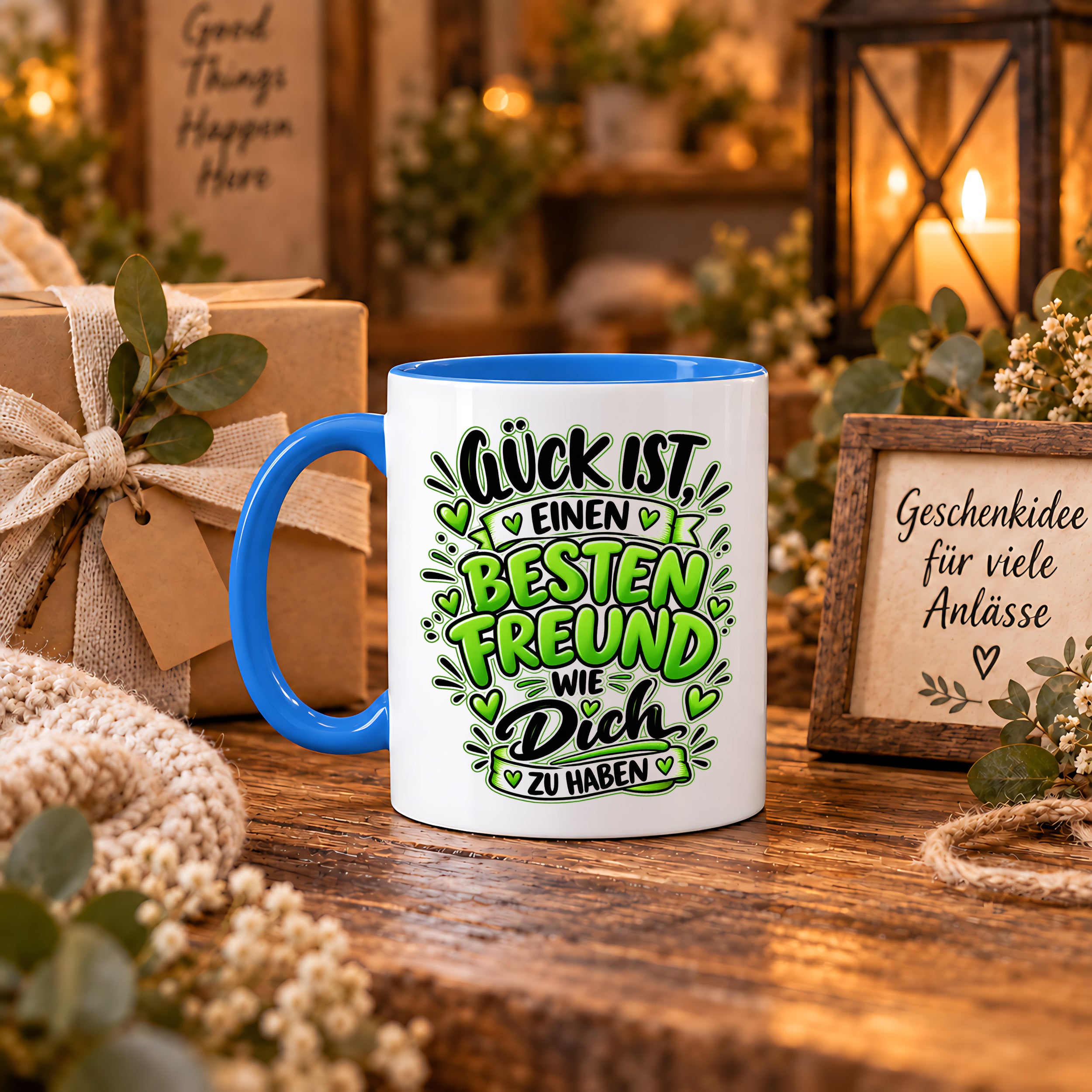 Herzbotschaft Bester Freund Tasse – Glück ist einen besten Freund wie dich zu haben – Kaffeetasse 330 ml mit Freundschaftsspruch und grünem Herz Motiv – Geschenk für besten Freund, Kumpel und Lieblingsmenschen – Freundschaft Geschenkidee