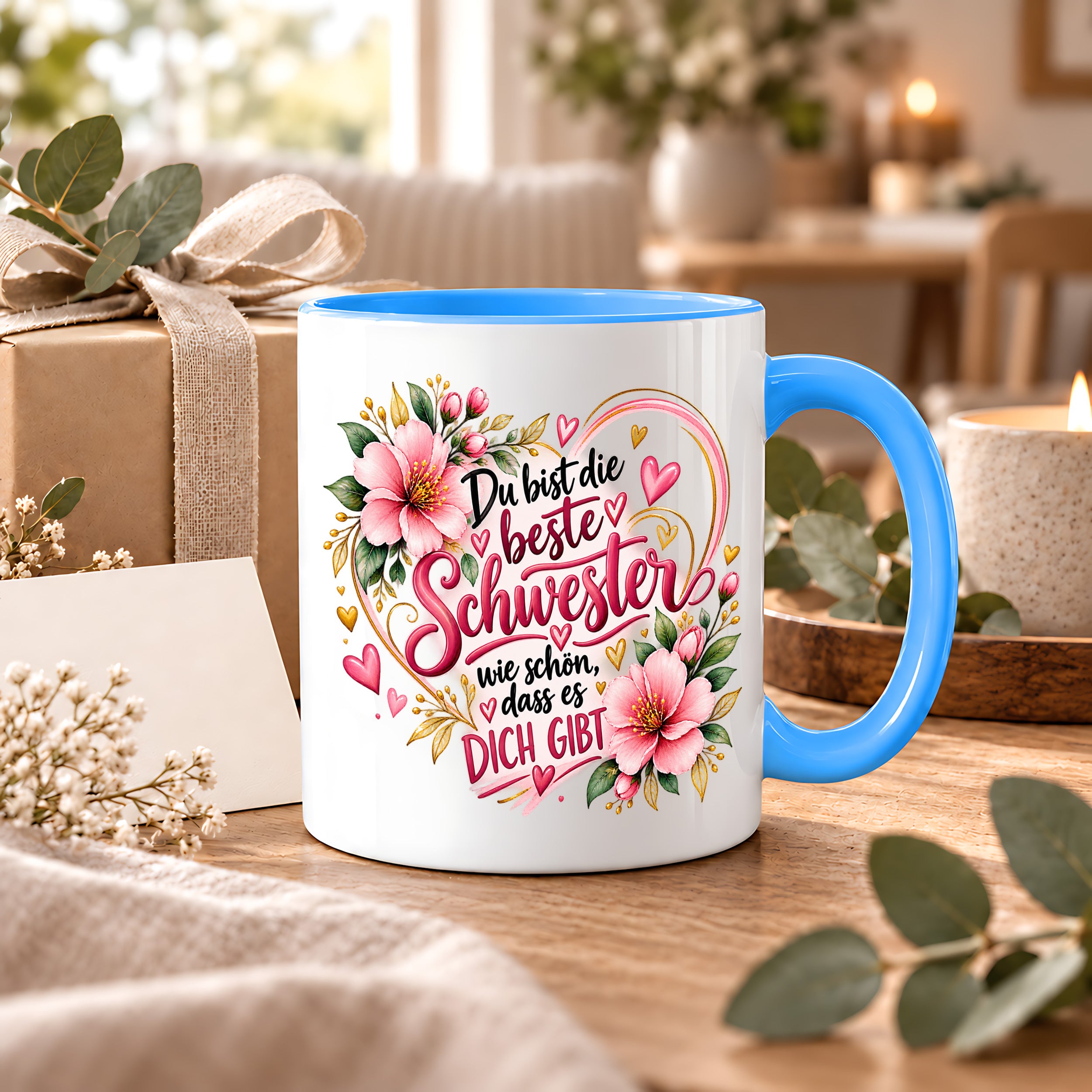 Herzbotschaft Schwester Tasse – Du bist die beste Schwester, wie schön dass es dich gibt – Kaffeetasse 330 ml mit rosa Blumen und Herzen – Geschenk für Schwester zum Geburtstag, Weihnachten, als Dankeschön oder kleine Aufmerksamkeit