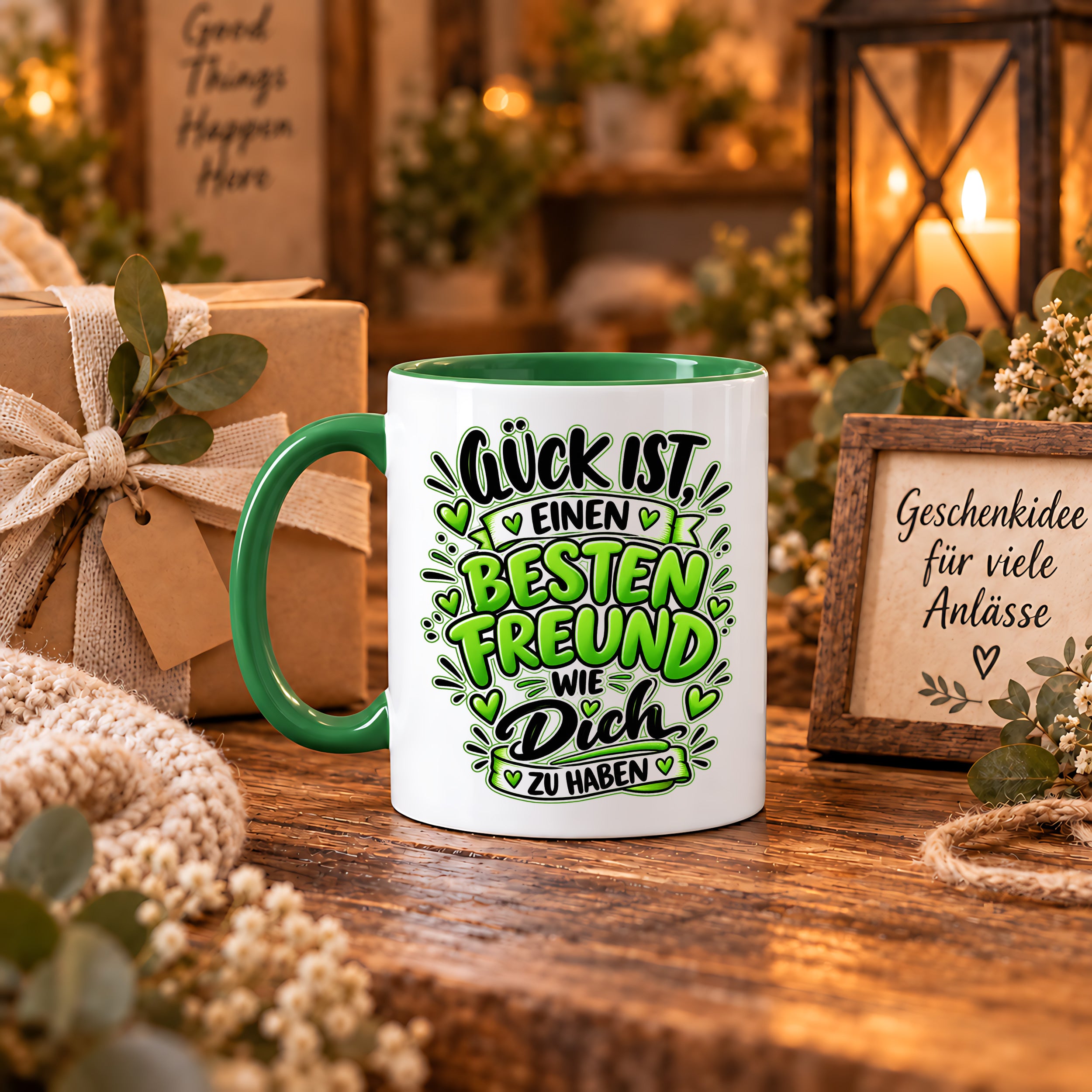 Herzbotschaft Bester Freund Tasse – Glück ist einen besten Freund wie dich zu haben – Kaffeetasse 330 ml mit Freundschaftsspruch und grünem Herz Motiv – Geschenk für besten Freund, Kumpel und Lieblingsmenschen – Freundschaft Geschenkidee