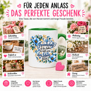 Herzbotschaft Freundschaft Tasse – Freundschaft ist der Anker, der hält, wenn das Leben stürmt – Kaffeetasse mit blauen Blumen und Herzen – Geschenk für beste Freundin, Freund, BFF und Lieblingsmensch – 330 ml