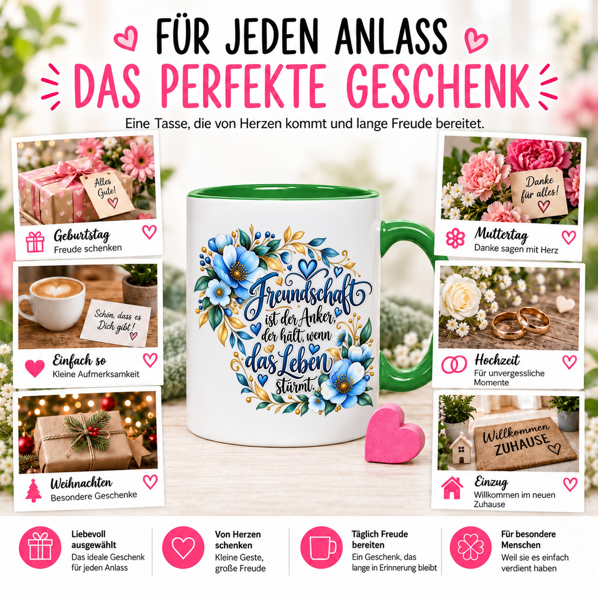 Herzbotschaft Freundschaft Tasse – Freundschaft ist der Anker, der hält, wenn das Leben stürmt – Kaffeetasse mit blauen Blumen und Herzen – Geschenk für beste Freundin, Freund, BFF und Lieblingsmensch – 330 ml