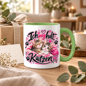 Herzbotschaft Katzen Tasse – Ich mag halt Katzen – Süße Kaffeetasse mit zwei Katzenbabys, Herzen und Pfoten – Geschenk für Katzenliebhaber, Katzenmama, Frauen und Freundin – 330 ml