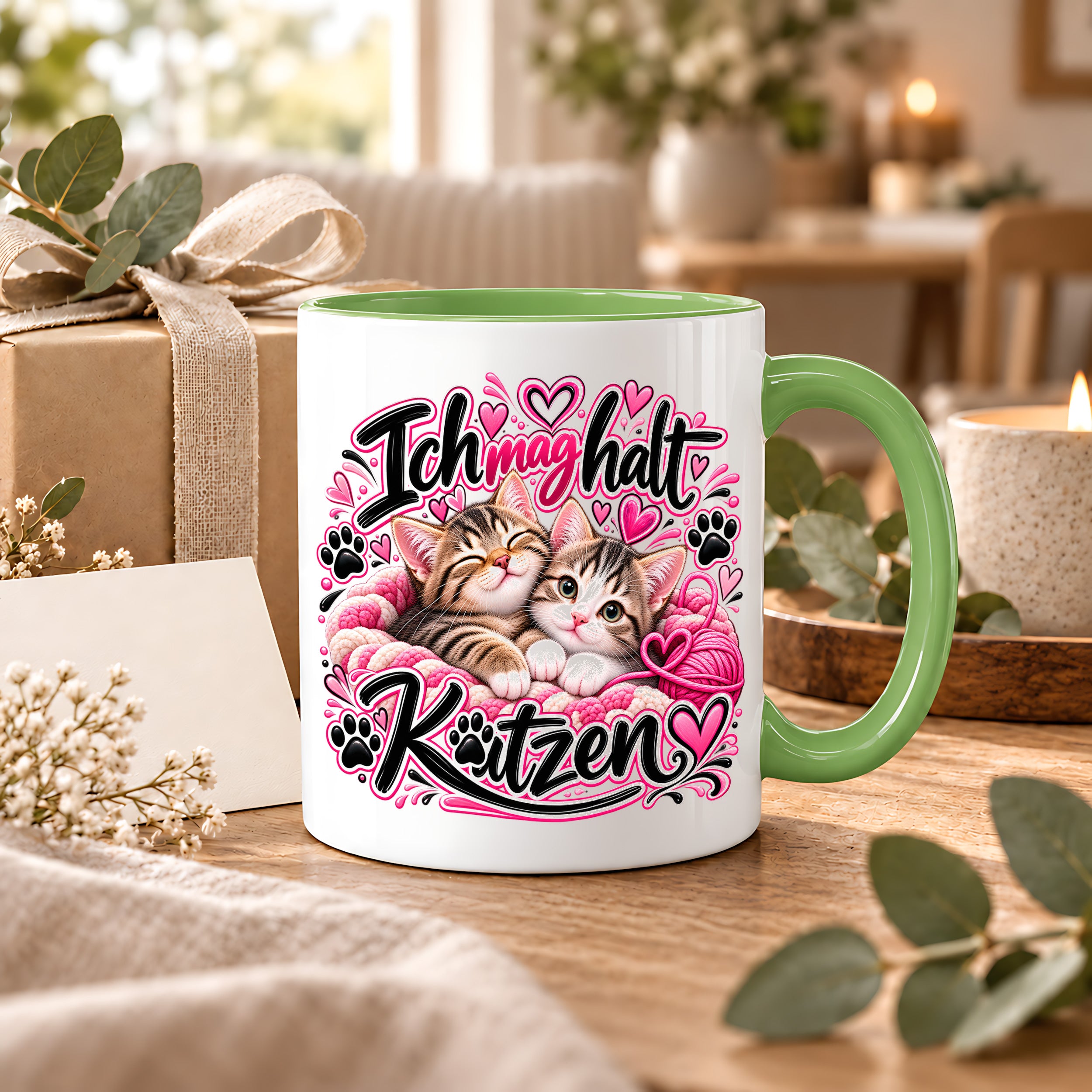Herzbotschaft Katzen Tasse – Ich mag halt Katzen – Süße Kaffeetasse mit zwei Katzenbabys, Herzen und Pfoten – Geschenk für Katzenliebhaber, Katzenmama, Frauen und Freundin – 330 ml