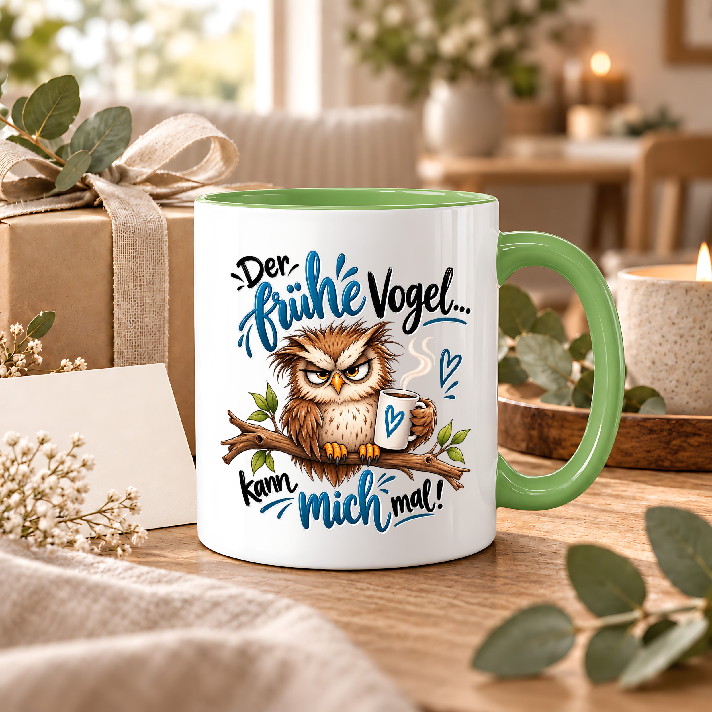 Herzbotschaft Eulen Tasse – Der frühe Vogel kann mich mal – Lustige Kaffeetasse mit mürrischer Eule und Kaffee – Geschenk für Morgenmuffel, Langschläfer, Kaffeeliebhaber, Kollegen und Freunde – 330 ml