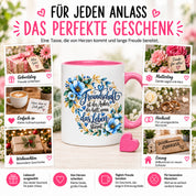 Herzbotschaft Freundschaft Tasse – Freundschaft ist der Anker, der hält, wenn das Leben stürmt – Kaffeetasse mit blauen Blumen und Herzen – Geschenk für beste Freundin, Freund, BFF und Lieblingsmensch – 330 ml