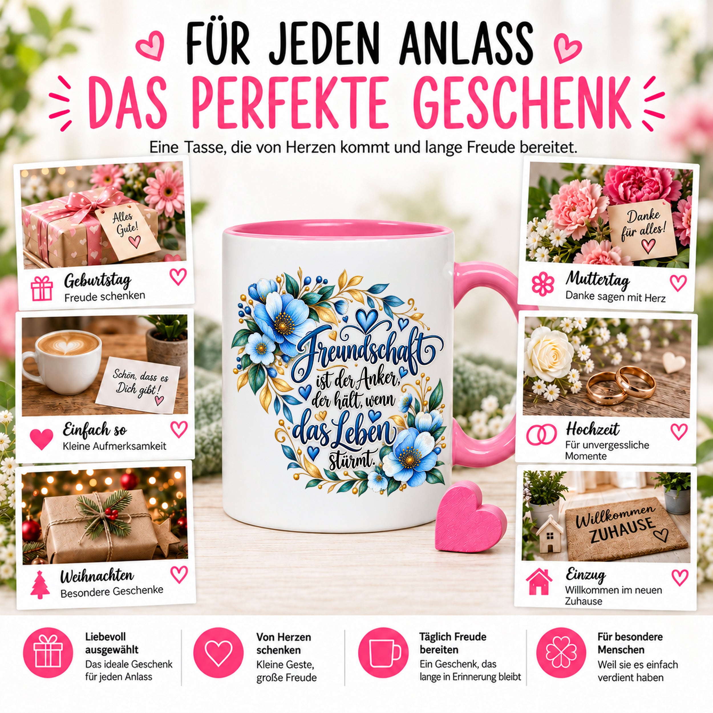 Herzbotschaft Freundschaft Tasse – Freundschaft ist der Anker, der hält, wenn das Leben stürmt – Kaffeetasse mit blauen Blumen und Herzen – Geschenk für beste Freundin, Freund, BFF und Lieblingsmensch – 330 ml