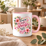 Herzbotschaft Schwester Tasse – Du bist die beste Schwester, wie schön dass es dich gibt – Kaffeetasse 330 ml mit rosa Blumen und Herzen – Geschenk für Schwester zum Geburtstag, Weihnachten, als Dankeschön oder kleine Aufmerksamkeit