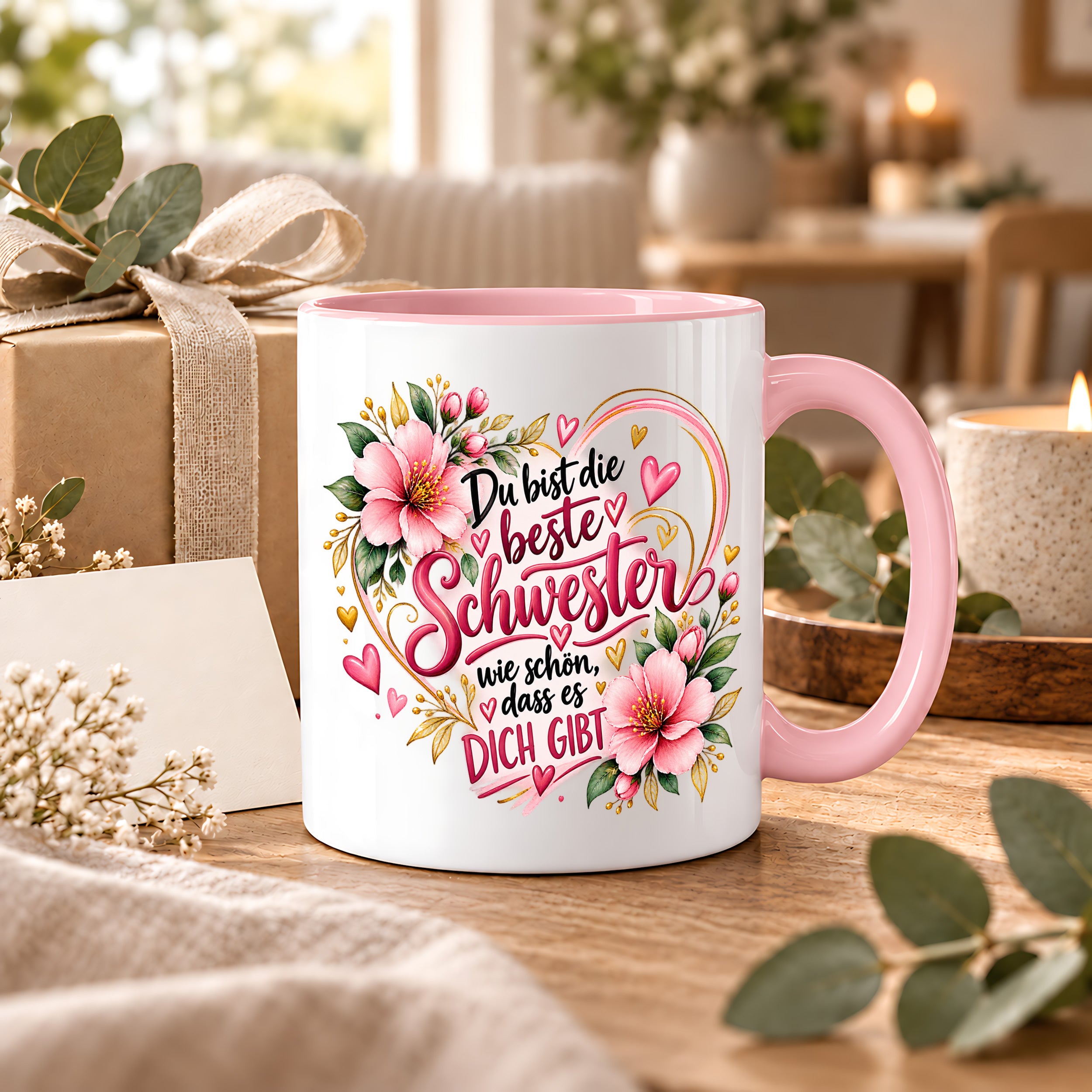 Herzbotschaft Schwester Tasse – Du bist die beste Schwester, wie schön dass es dich gibt – Kaffeetasse 330 ml mit rosa Blumen und Herzen – Geschenk für Schwester zum Geburtstag, Weihnachten, als Dankeschön oder kleine Aufmerksamkeit