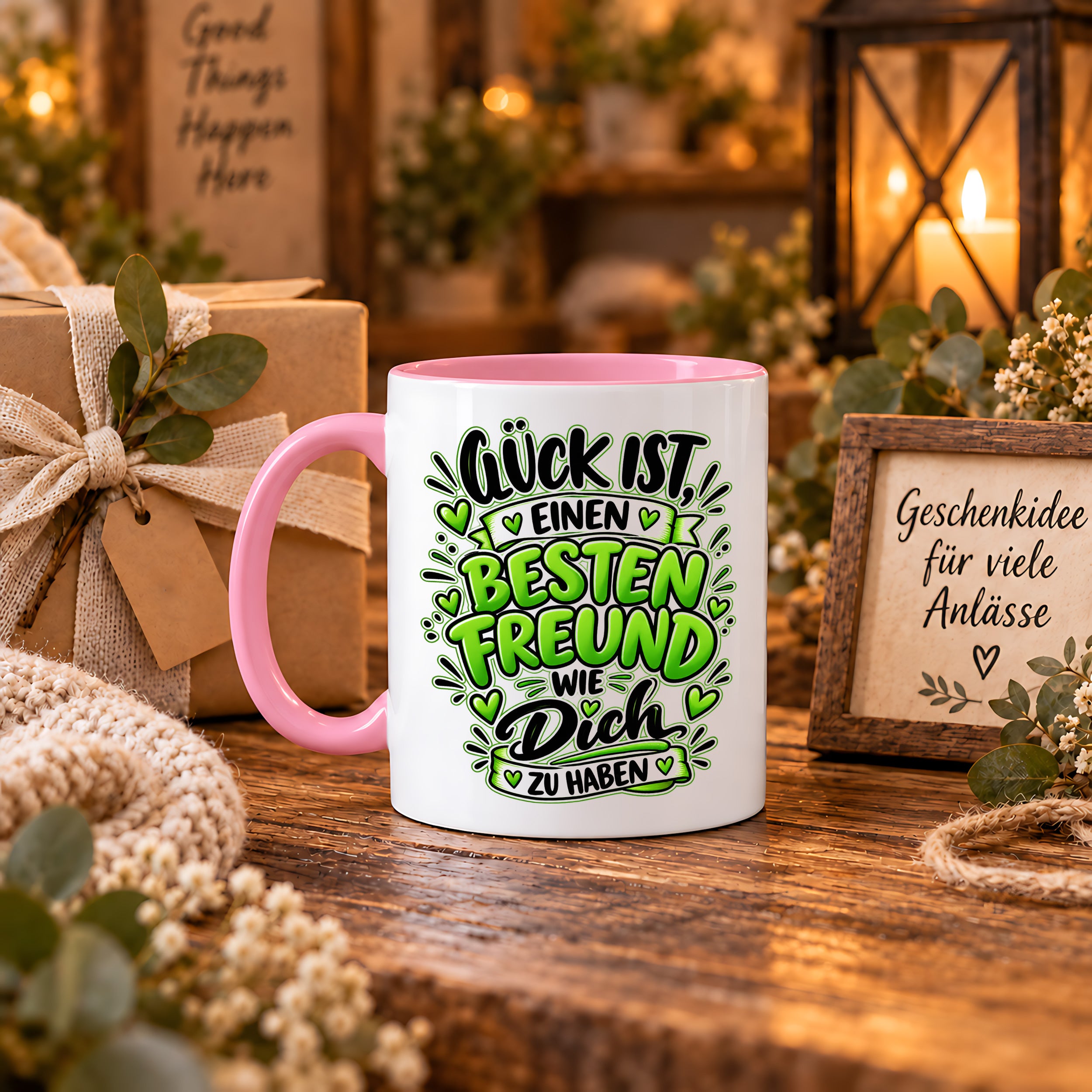 Herzbotschaft Bester Freund Tasse – Glück ist einen besten Freund wie dich zu haben – Kaffeetasse 330 ml mit Freundschaftsspruch und grünem Herz Motiv – Geschenk für besten Freund, Kumpel und Lieblingsmenschen – Freundschaft Geschenkidee