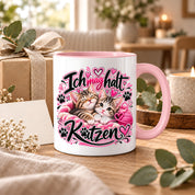 Herzbotschaft Katzen Tasse – Ich mag halt Katzen – Süße Kaffeetasse mit zwei Katzenbabys, Herzen und Pfoten – Geschenk für Katzenliebhaber, Katzenmama, Frauen und Freundin – 330 ml