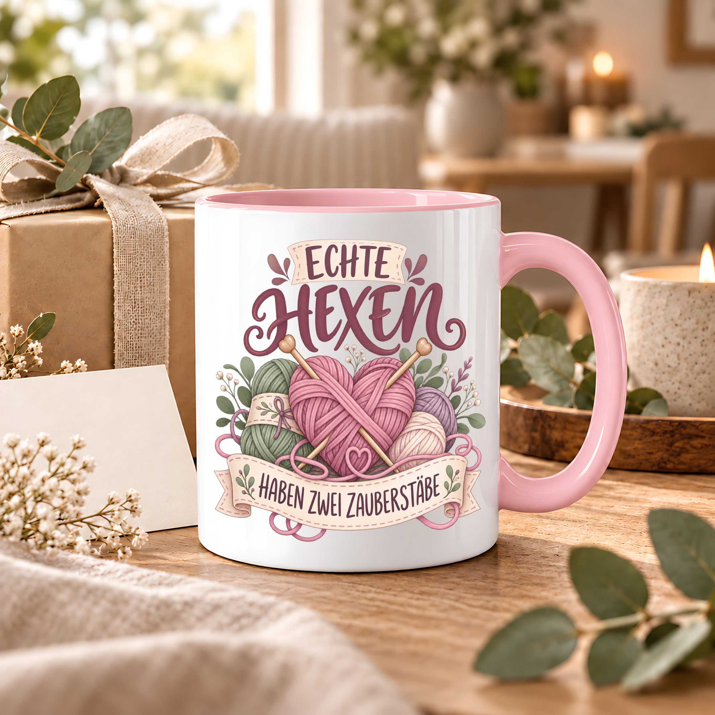 Stricken Tasse Echte Hexen haben zwei Zauberstäbe 330 ml Geschenk für Strickerin Wolle Handarbeit Geburtstag Weihnachten