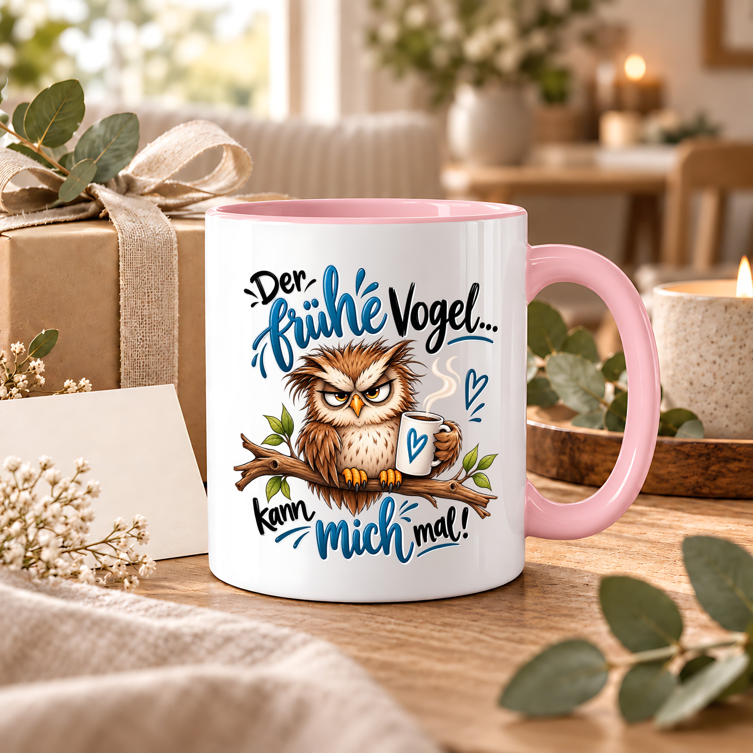 Herzbotschaft Eulen Tasse – Der frühe Vogel kann mich mal – Lustige Kaffeetasse mit mürrischer Eule und Kaffee – Geschenk für Morgenmuffel, Langschläfer, Kaffeeliebhaber, Kollegen und Freunde – 330 ml