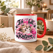 Herzbotschaft Katzen Tasse – Ich mag halt Katzen – Süße Kaffeetasse mit zwei Katzenbabys, Herzen und Pfoten – Geschenk für Katzenliebhaber, Katzenmama, Frauen und Freundin – 330 ml