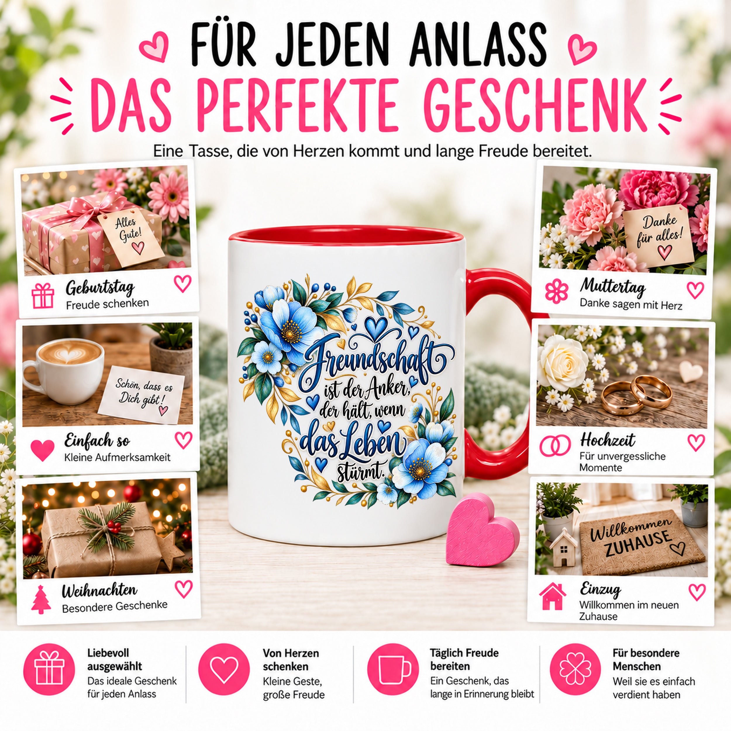 Herzbotschaft Freundschaft Tasse – Freundschaft ist der Anker, der hält, wenn das Leben stürmt – Kaffeetasse mit blauen Blumen und Herzen – Geschenk für beste Freundin, Freund, BFF und Lieblingsmensch – 330 ml