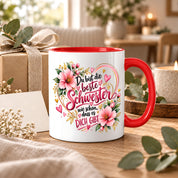 Herzbotschaft Schwester Tasse – Du bist die beste Schwester, wie schön dass es dich gibt – Kaffeetasse 330 ml mit rosa Blumen und Herzen – Geschenk für Schwester zum Geburtstag, Weihnachten, als Dankeschön oder kleine Aufmerksamkeit