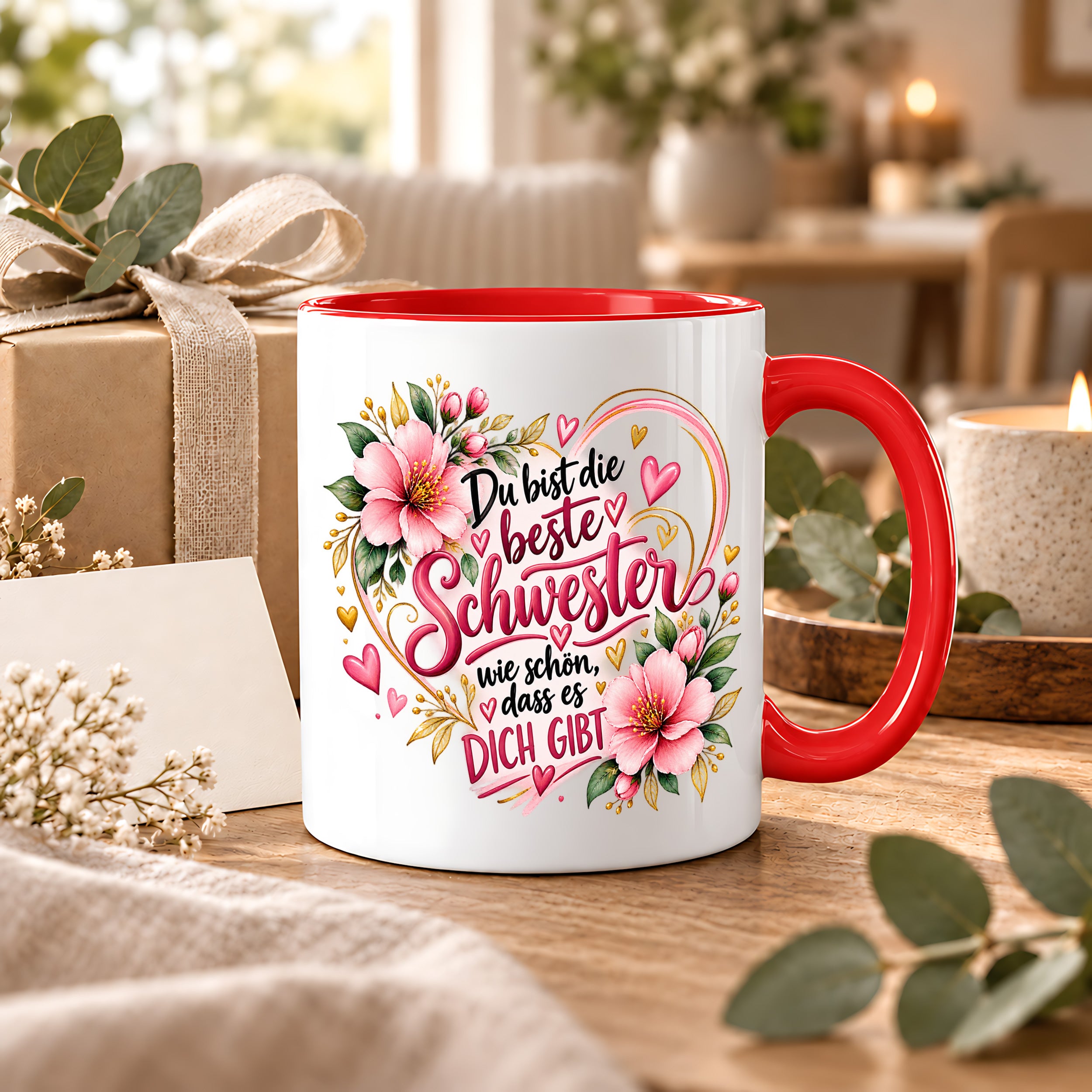 Herzbotschaft Schwester Tasse – Du bist die beste Schwester, wie schön dass es dich gibt – Kaffeetasse 330 ml mit rosa Blumen und Herzen – Geschenk für Schwester zum Geburtstag, Weihnachten, als Dankeschön oder kleine Aufmerksamkeit