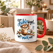 Herzbotschaft Eulen Tasse – Der frühe Vogel kann mich mal – Lustige Kaffeetasse mit mürrischer Eule und Kaffee – Geschenk für Morgenmuffel, Langschläfer, Kaffeeliebhaber, Kollegen und Freunde – 330 ml