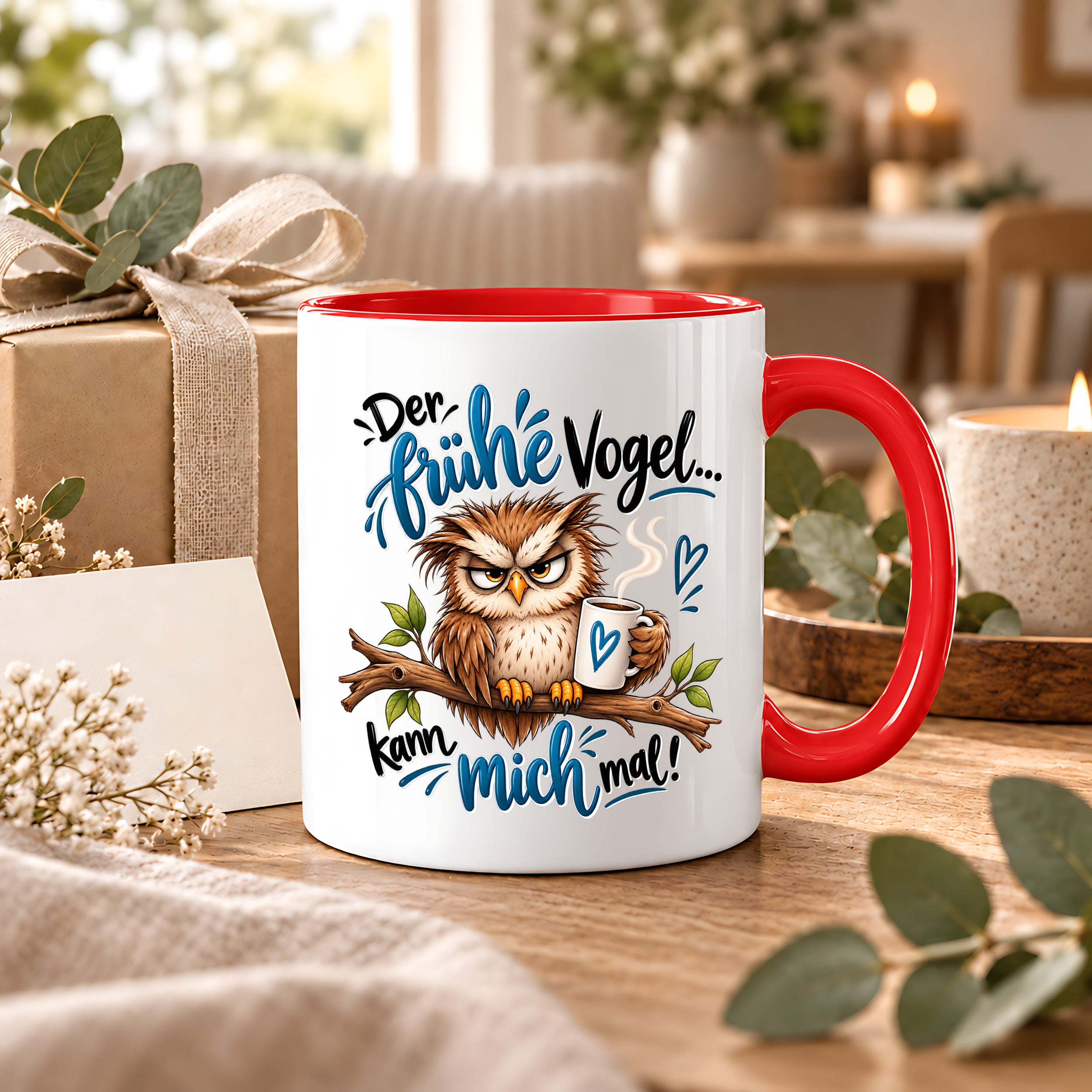 Herzbotschaft Eulen Tasse – Der frühe Vogel kann mich mal – Lustige Kaffeetasse mit mürrischer Eule und Kaffee – Geschenk für Morgenmuffel, Langschläfer, Kaffeeliebhaber, Kollegen und Freunde – 330 ml