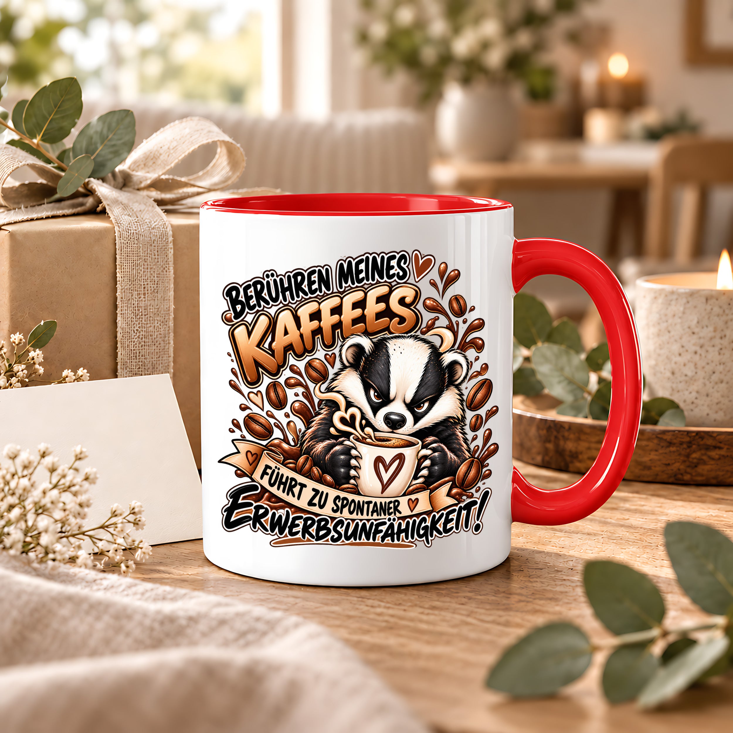Herzbotschaft Dachs Tasse – Berühren meines Kaffees führt zu spontaner Erwerbsunfähigkeit – Lustige Kaffeetasse mit frechem Dachs Motiv – Geschenk für Kaffeeliebhaber, Kollegen und Büro – 330 ml