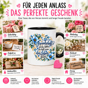 Herzbotschaft Freundschaft Tasse – Freundschaft ist der Anker, der hält, wenn das Leben stürmt – Kaffeetasse mit blauen Blumen und Herzen – Geschenk für beste Freundin, Freund, BFF und Lieblingsmensch – 330 ml