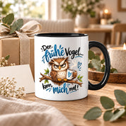 Herzbotschaft Eulen Tasse – Der frühe Vogel kann mich mal – Lustige Kaffeetasse mit mürrischer Eule und Kaffee – Geschenk für Morgenmuffel, Langschläfer, Kaffeeliebhaber, Kollegen und Freunde – 330 ml