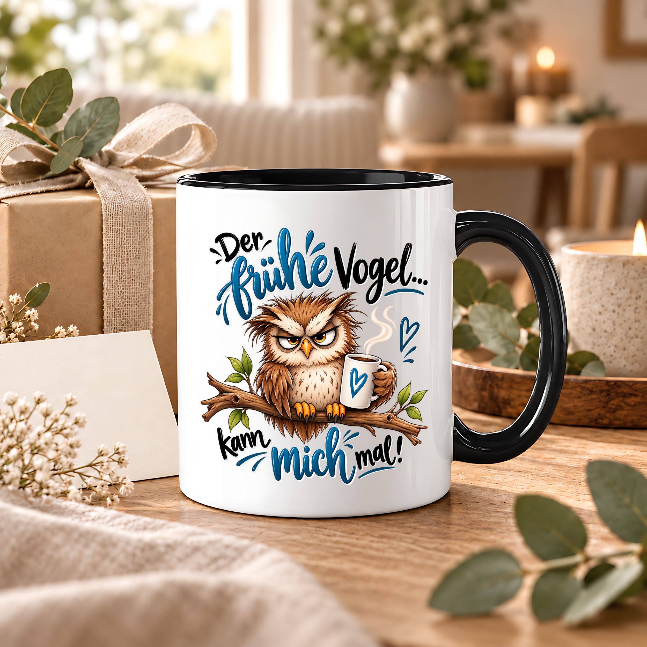 Herzbotschaft Eulen Tasse – Der frühe Vogel kann mich mal – Lustige Kaffeetasse mit mürrischer Eule und Kaffee – Geschenk für Morgenmuffel, Langschläfer, Kaffeeliebhaber, Kollegen und Freunde – 330 ml