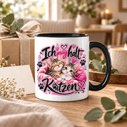 Herzbotschaft Katzen Tasse – Ich mag halt Katzen – Süße Kaffeetasse mit zwei Katzenbabys, Herzen und Pfoten – Geschenk für Katzenliebhaber, Katzenmama, Frauen und Freundin – 330 ml
