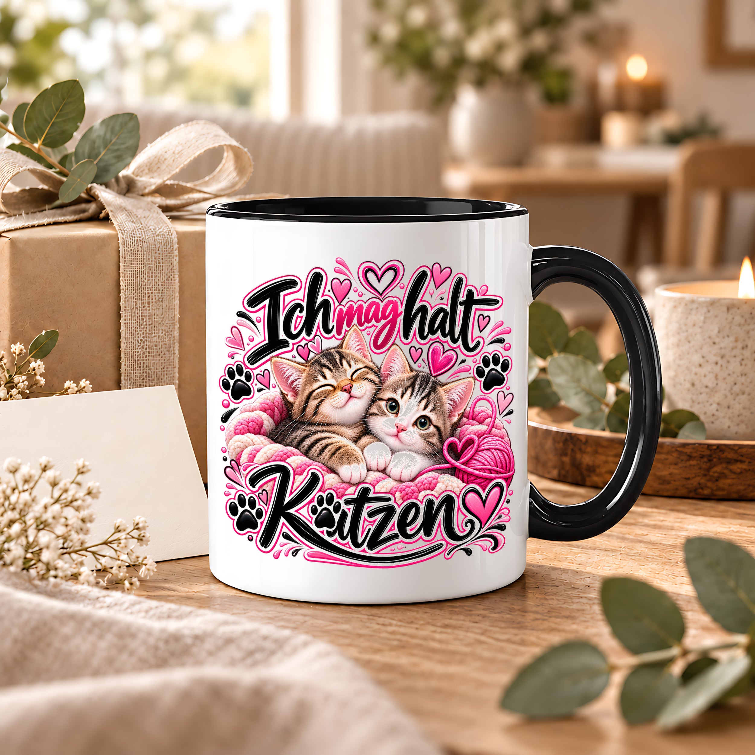 Herzbotschaft Katzen Tasse – Ich mag halt Katzen – Süße Kaffeetasse mit zwei Katzenbabys, Herzen und Pfoten – Geschenk für Katzenliebhaber, Katzenmama, Frauen und Freundin – 330 ml