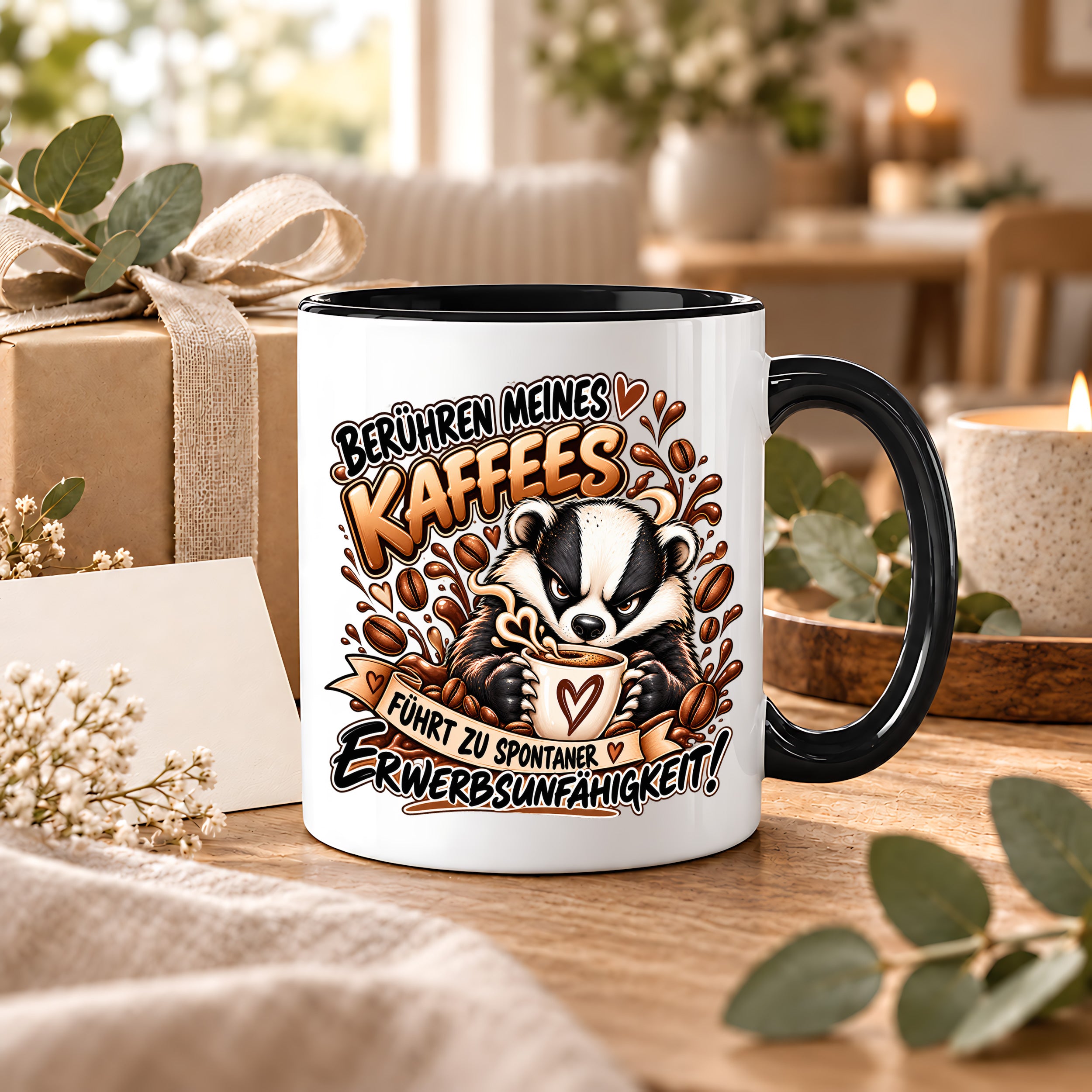 Herzbotschaft Dachs Tasse – Berühren meines Kaffees führt zu spontaner Erwerbsunfähigkeit – Lustige Kaffeetasse mit frechem Dachs Motiv – Geschenk für Kaffeeliebhaber, Kollegen und Büro – 330 ml