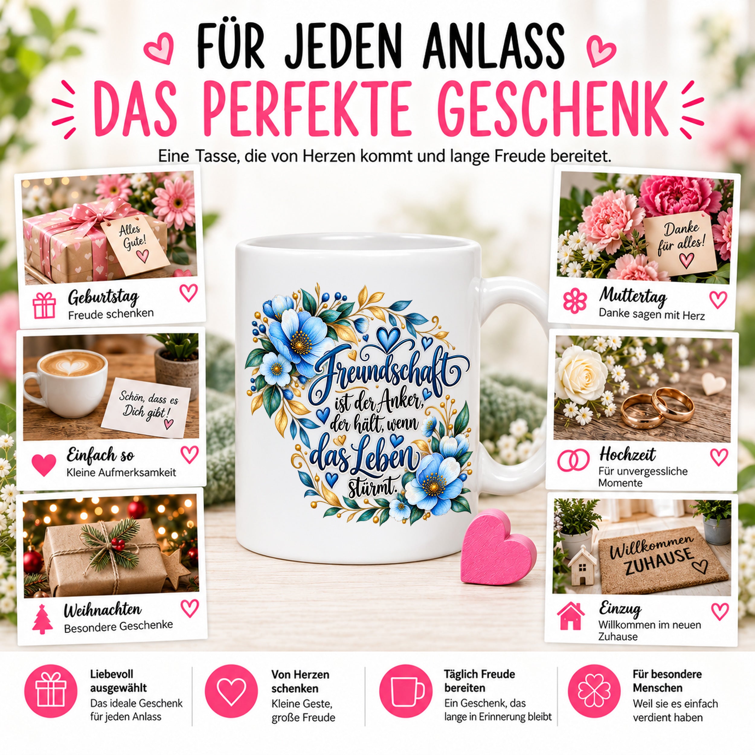 Herzbotschaft Freundschaft Tasse – Freundschaft ist der Anker, der hält, wenn das Leben stürmt – Kaffeetasse mit blauen Blumen und Herzen – Geschenk für beste Freundin, Freund, BFF und Lieblingsmensch – 330 ml