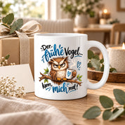 Herzbotschaft Eulen Tasse – Der frühe Vogel kann mich mal – Lustige Kaffeetasse mit mürrischer Eule und Kaffee – Geschenk für Morgenmuffel, Langschläfer, Kaffeeliebhaber, Kollegen und Freunde – 330 ml