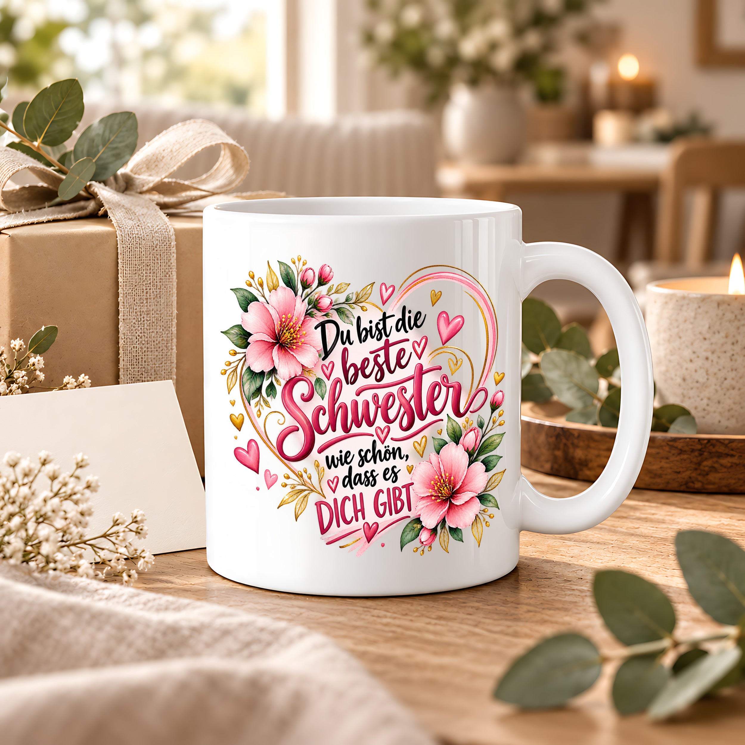 Herzbotschaft Schwester Tasse – Du bist die beste Schwester, wie schön dass es dich gibt – Kaffeetasse 330 ml mit rosa Blumen und Herzen – Geschenk für Schwester zum Geburtstag, Weihnachten, als Dankeschön oder kleine Aufmerksamkeit