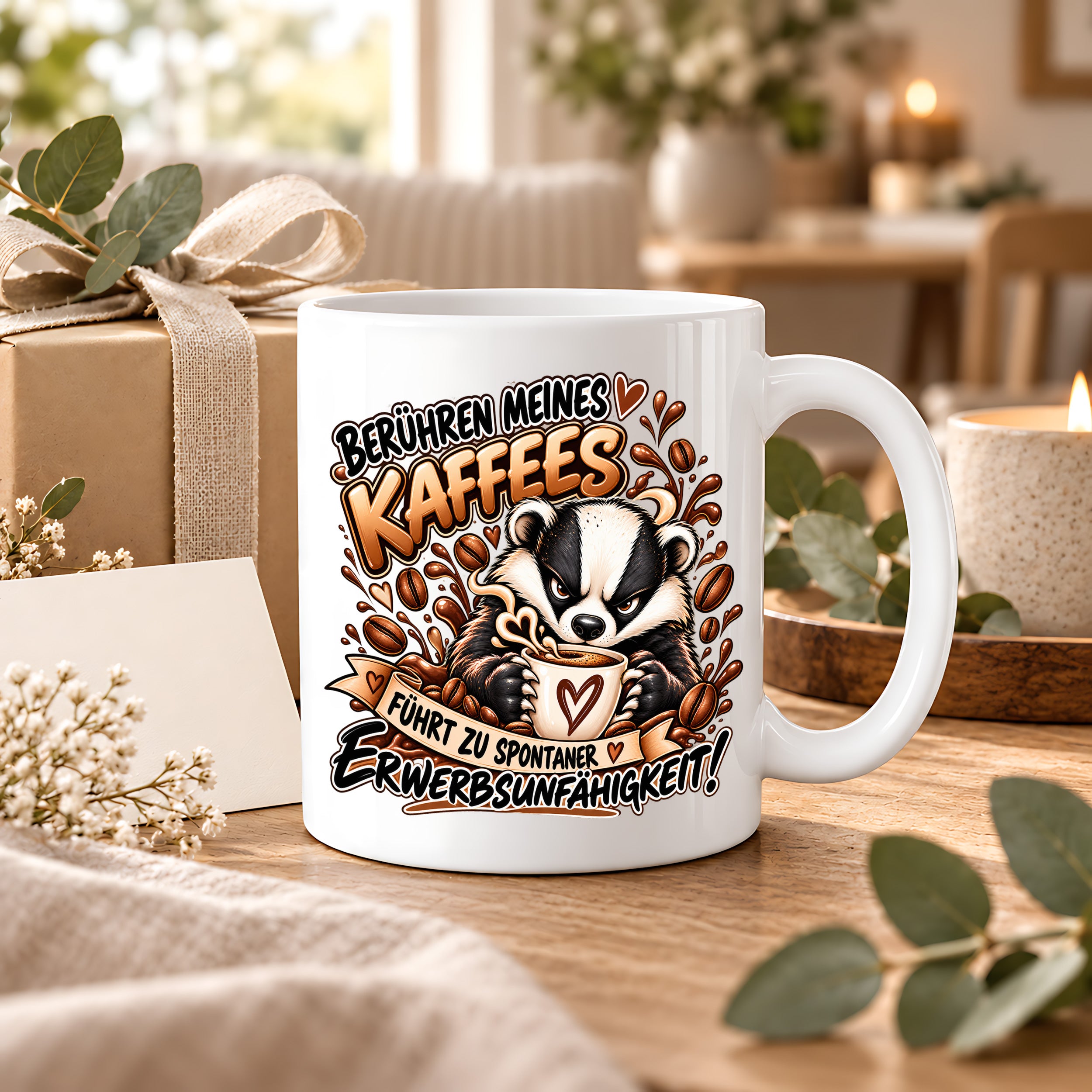 Herzbotschaft Dachs Tasse – Berühren meines Kaffees führt zu spontaner Erwerbsunfähigkeit – Lustige Kaffeetasse mit frechem Dachs Motiv – Geschenk für Kaffeeliebhaber, Kollegen und Büro – 330 ml