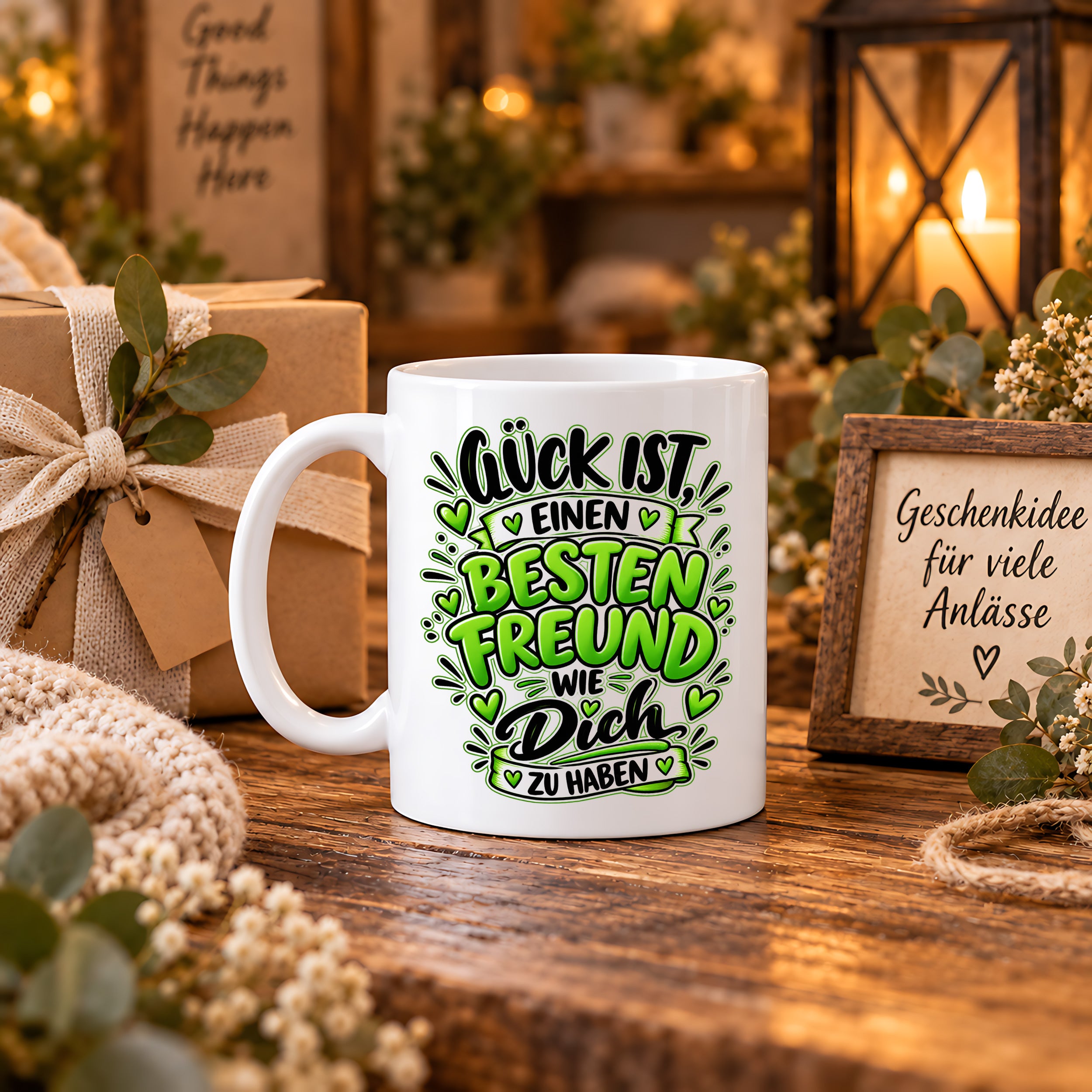 Herzbotschaft Bester Freund Tasse – Glück ist einen besten Freund wie dich zu haben – Kaffeetasse 330 ml mit Freundschaftsspruch und grünem Herz Motiv – Geschenk für besten Freund, Kumpel und Lieblingsmenschen – Freundschaft Geschenkidee