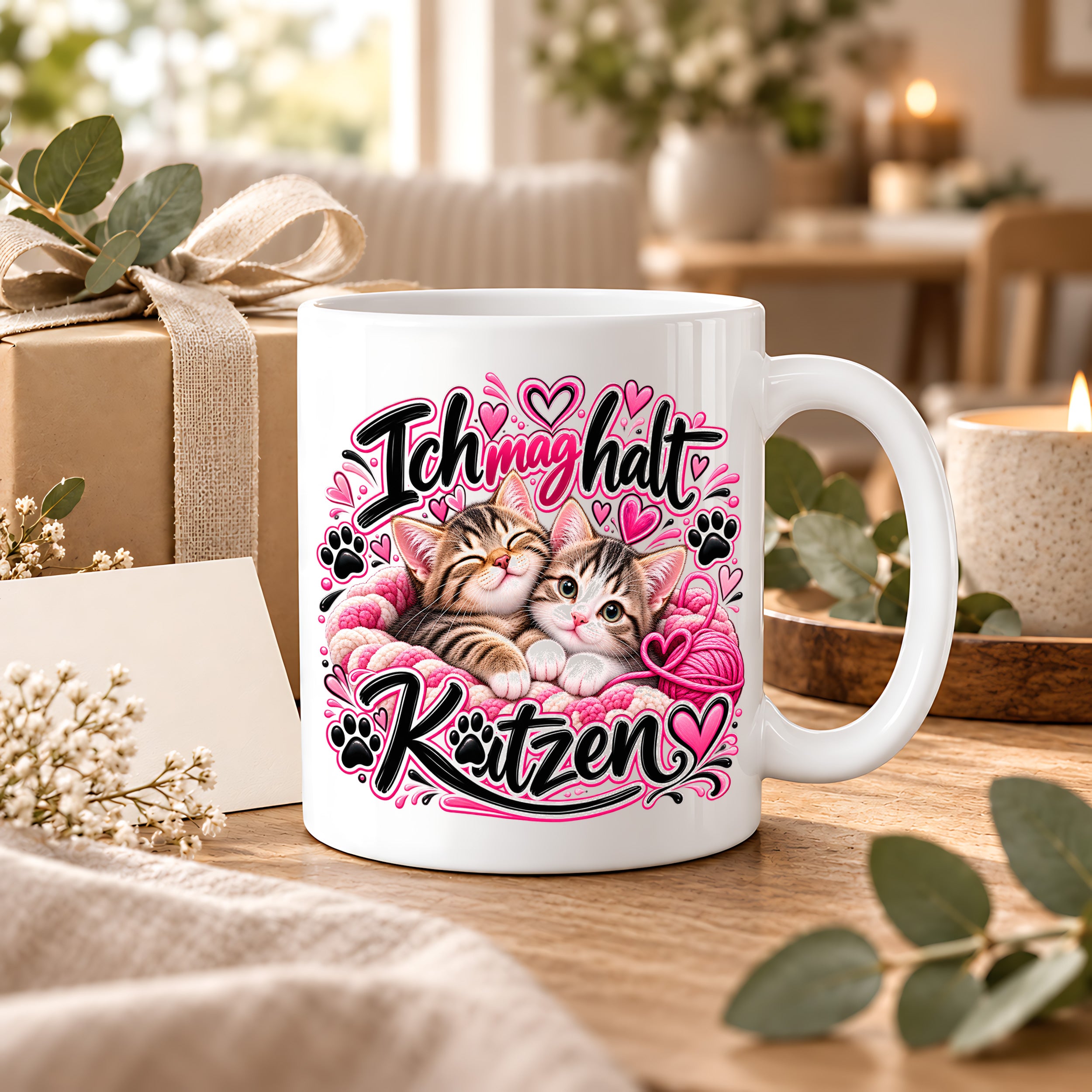 Herzbotschaft Katzen Tasse – Ich mag halt Katzen – Süße Kaffeetasse mit zwei Katzenbabys, Herzen und Pfoten – Geschenk für Katzenliebhaber, Katzenmama, Frauen und Freundin – 330 ml