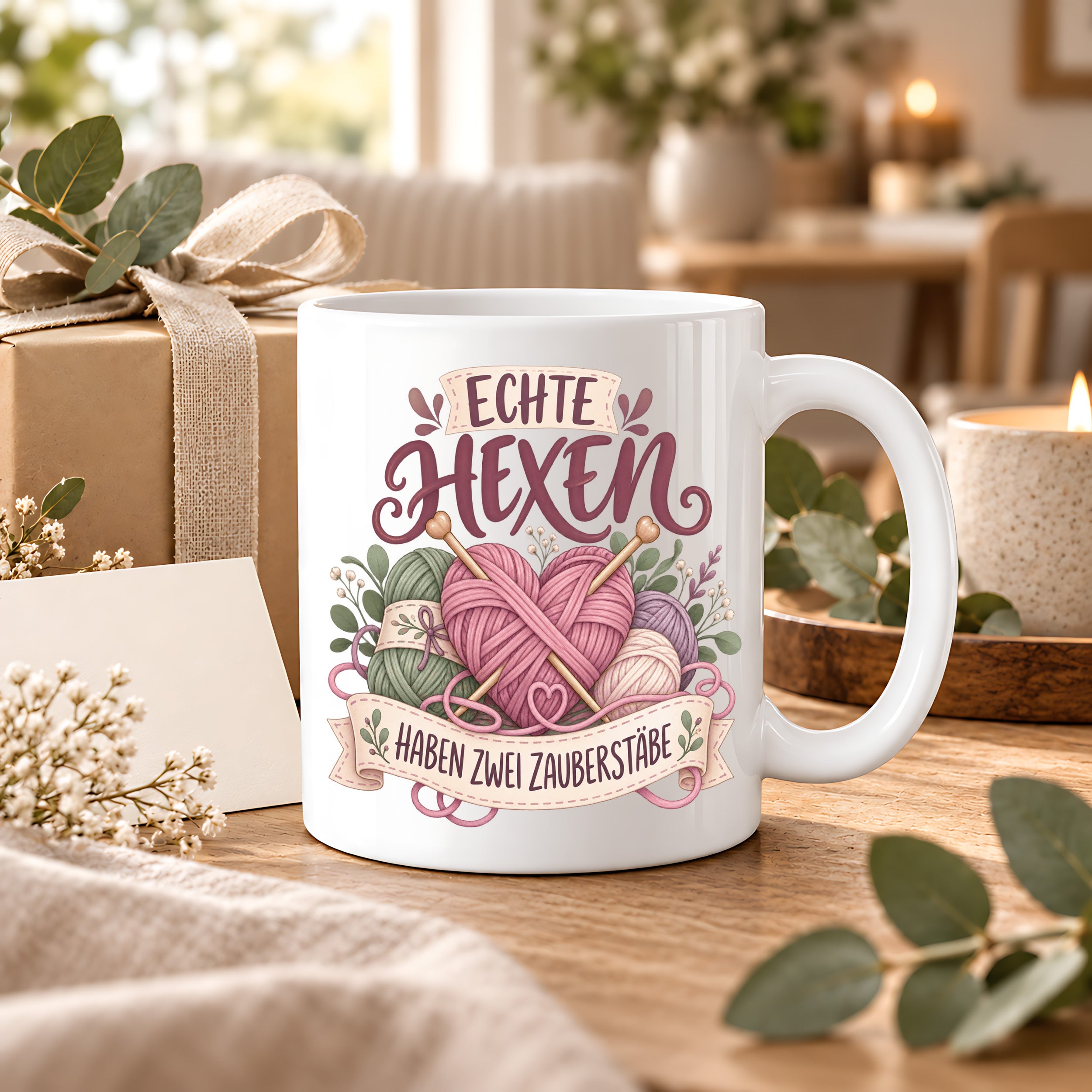 Stricken Tasse Echte Hexen haben zwei Zauberstäbe 330 ml Geschenk für Strickerin Wolle Handarbeit Geburtstag Weihnachten